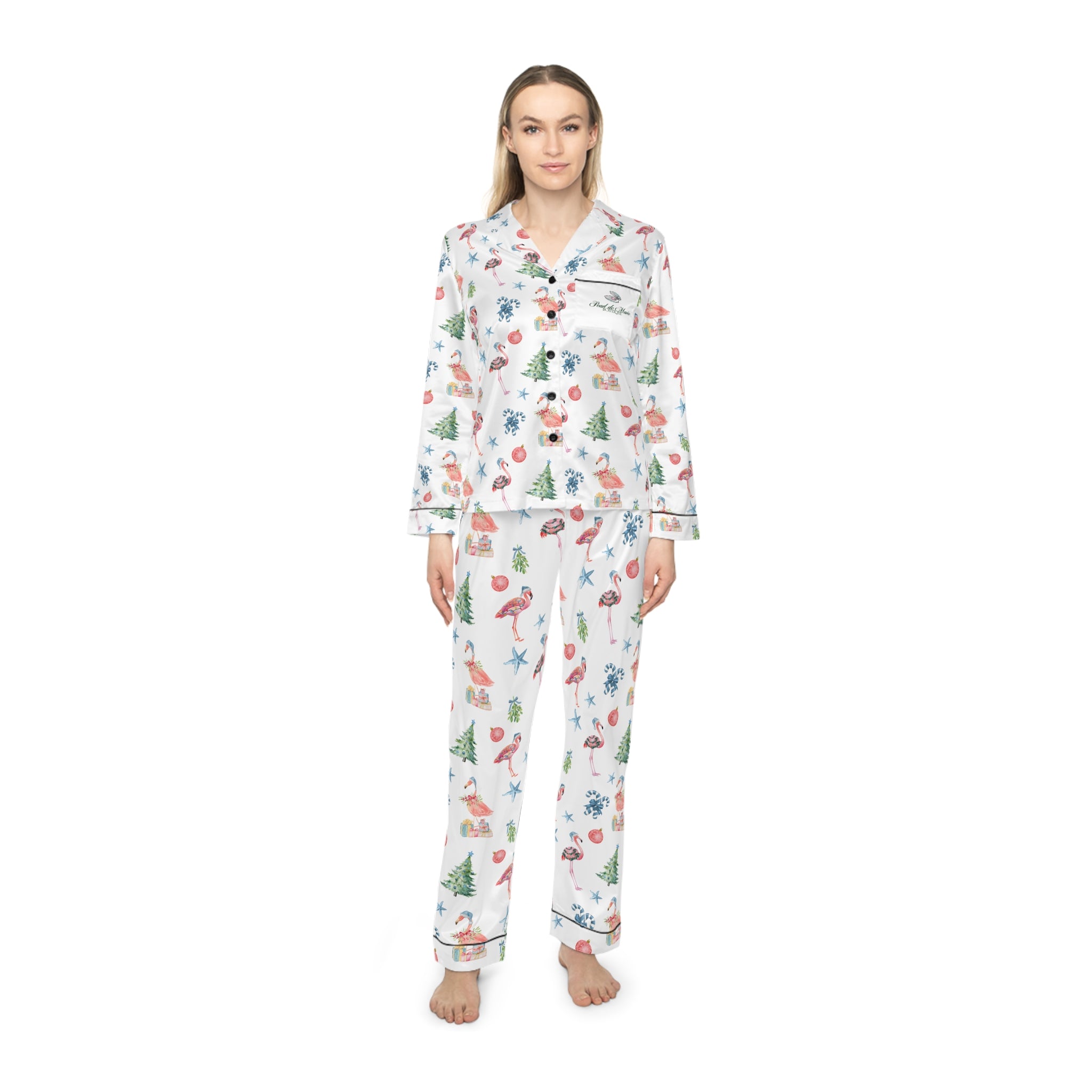 Christmas Flamingo Satin Pajamas Set, Cozy Sleepwear, Holiday Gift, Relaxation Loungewear, Cute Pajama Set, Festive Pattern PJs