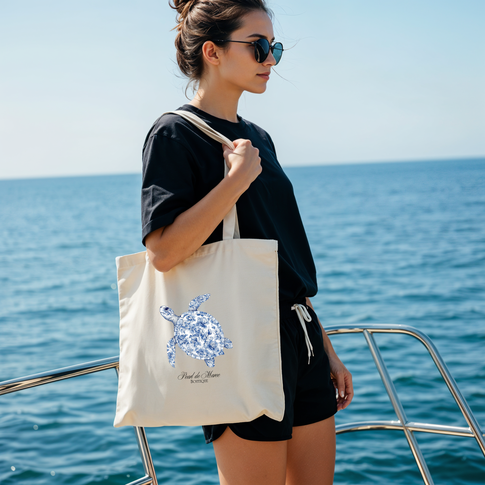 Costal Toile Turtle Canvas Tote