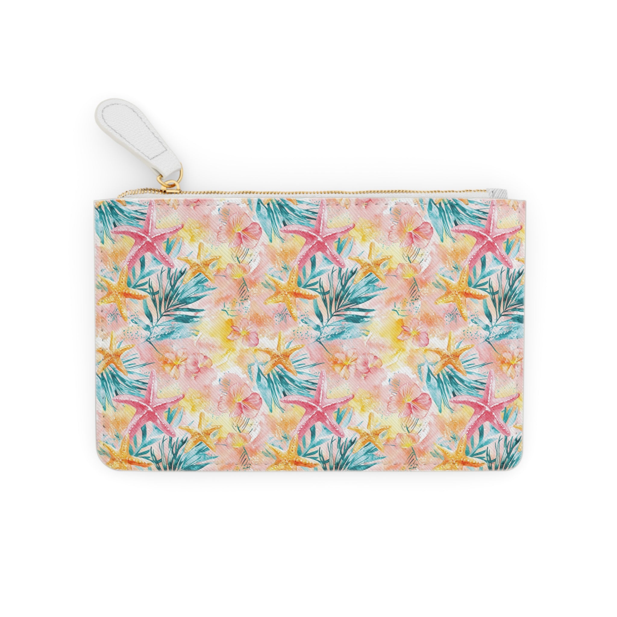 Pink Tropical Starfish Mini Vegan Leather Clutch Bag, Tropical Clutch Bag, Beach Bag, Gift for her