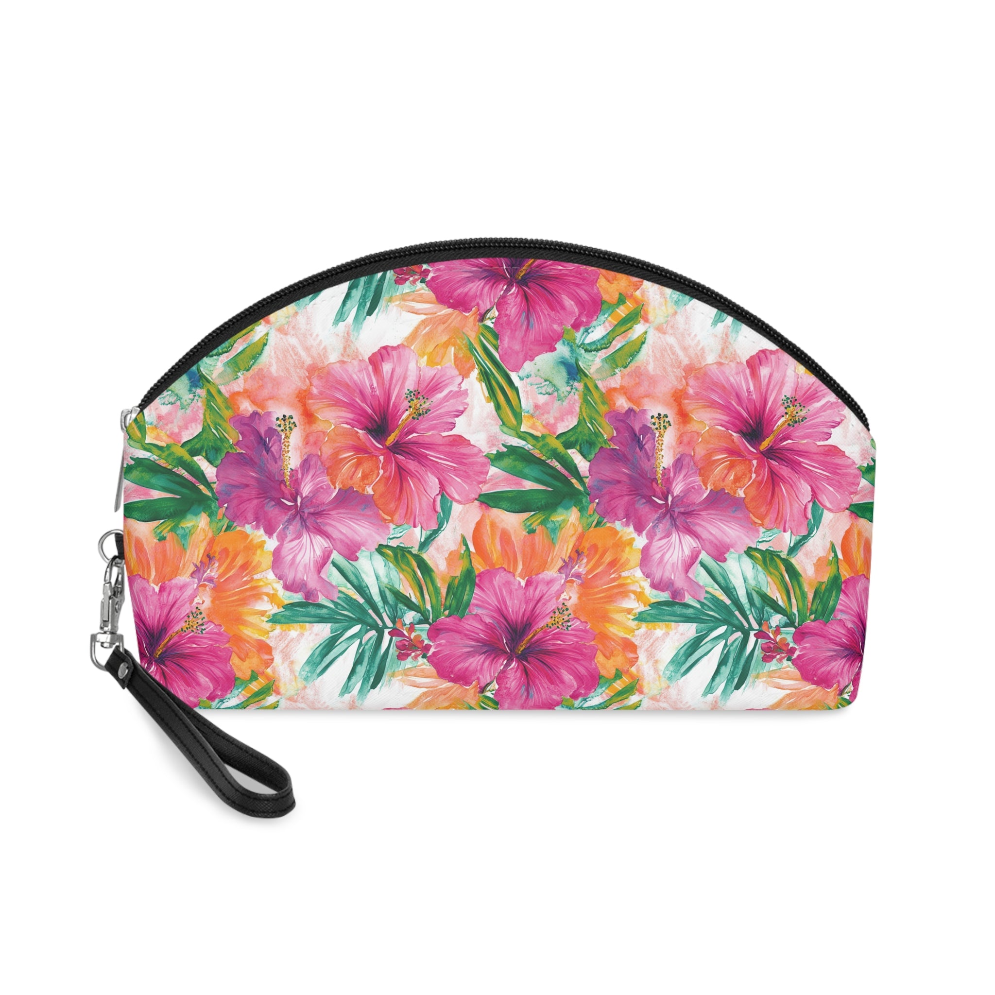 Pink Tropical Floral Makeup Bag, PU Faux Leather Makeup Bag, Travel Makeup kit, Vacation Makeup bag, Bridesmaid Gift, Makeup Organizer