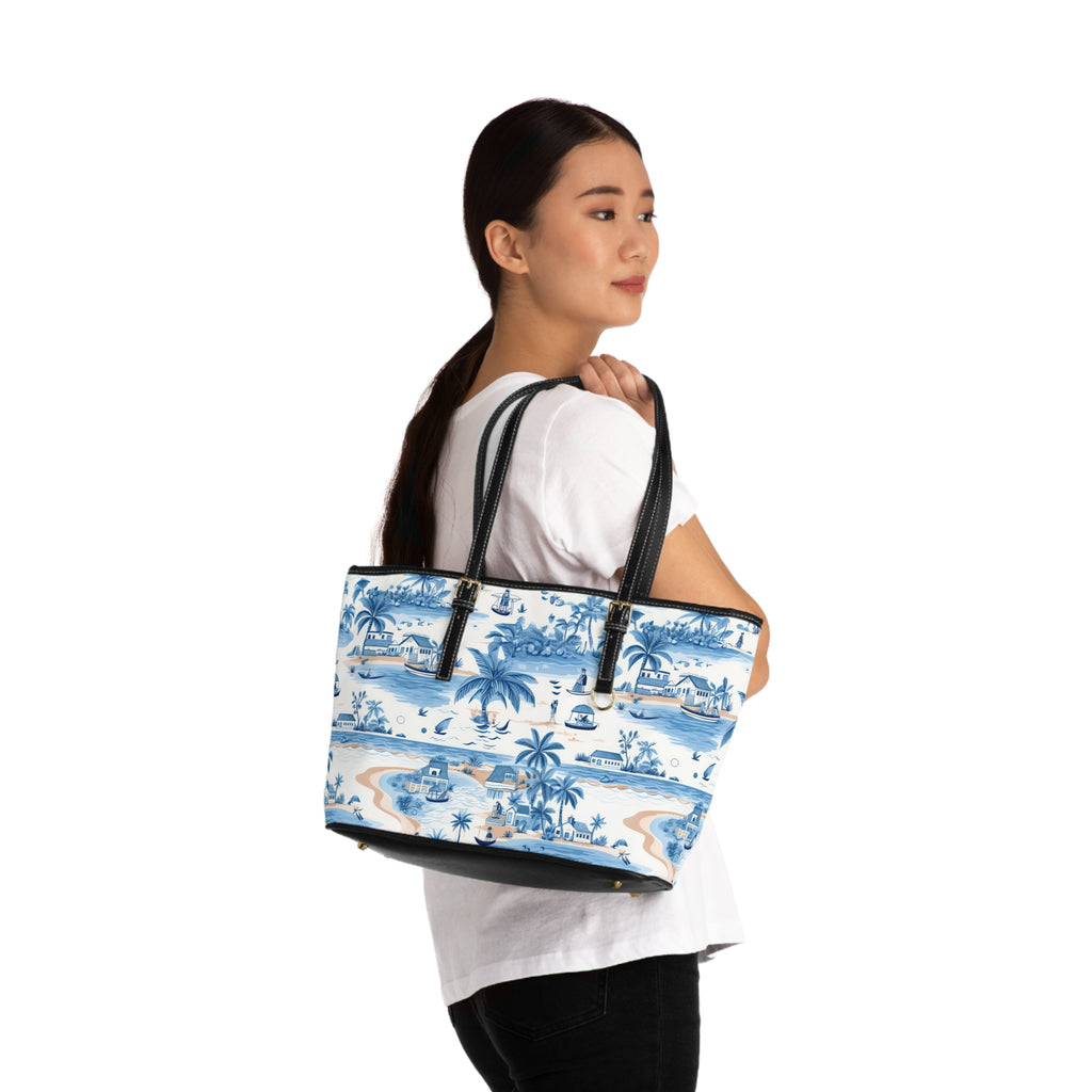 Tropical Blue- PU Leather Shoulder Bag, Tropical Handbag, Beach Tote, Travel Purse, Boho Fashion Bag, Summer Accessory