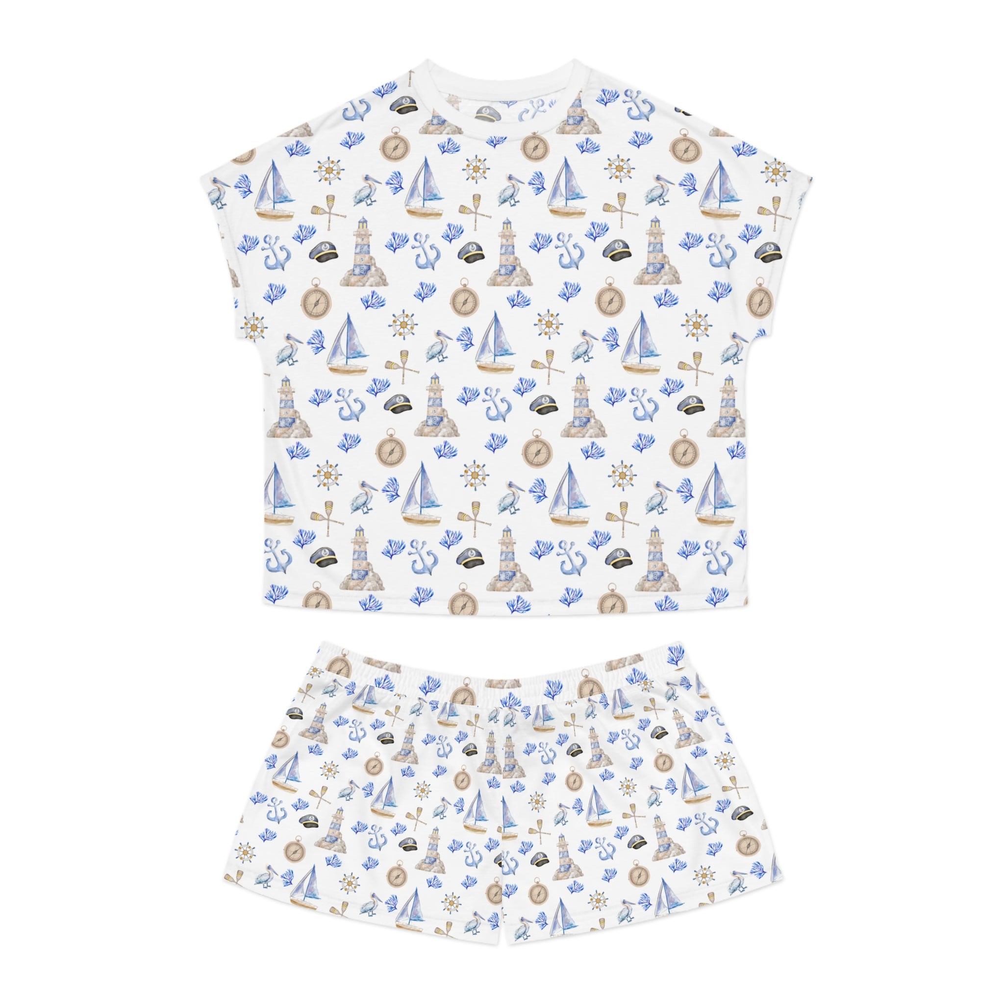 Sail Away-Cozy Nautical Pajama Set for Women, Summer Sleep Outfit, Relaxing Loungewear, Beach-themed Nightwear, Perfect Gift for Her