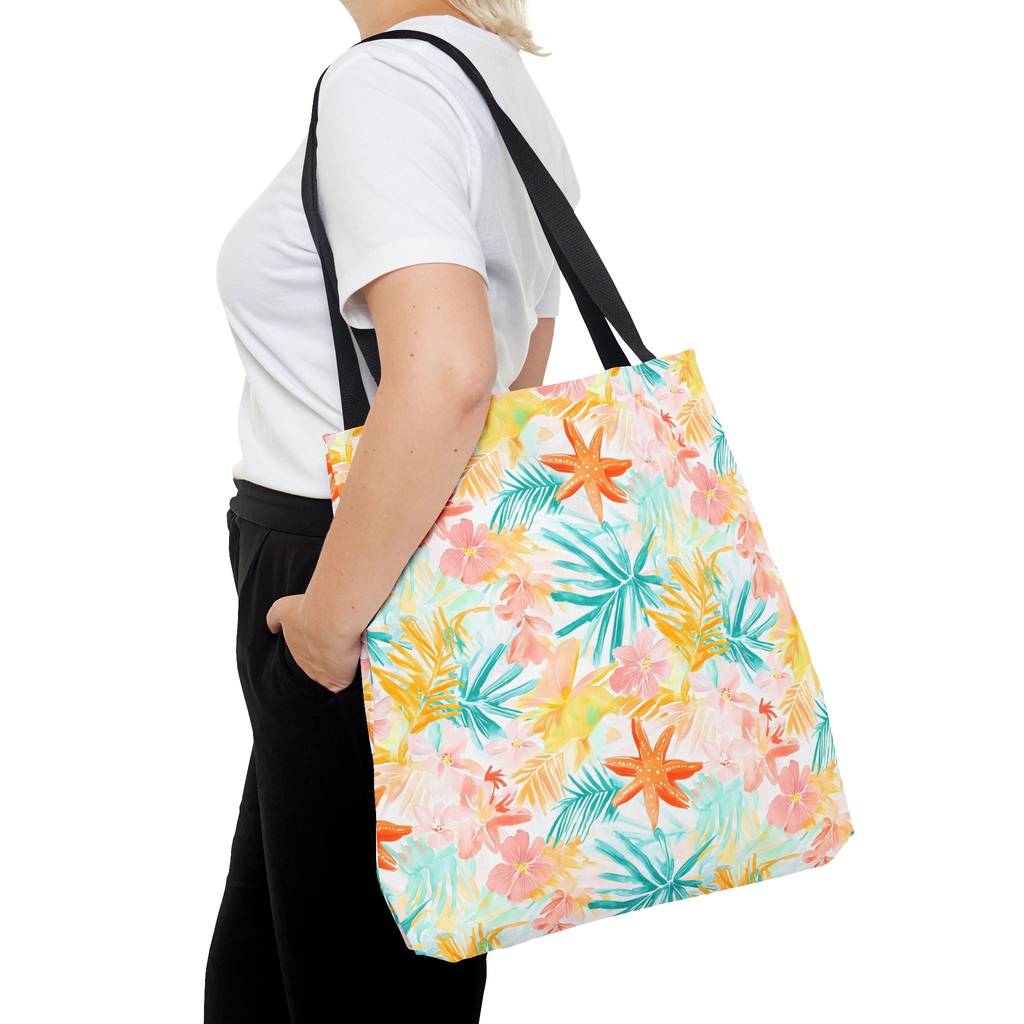Tropical Starfish- Floral Tote Bag, Summer Beach Bag, Eco-Friendly Shopping Tote, Reusable Grocery Bag, Gift for Her