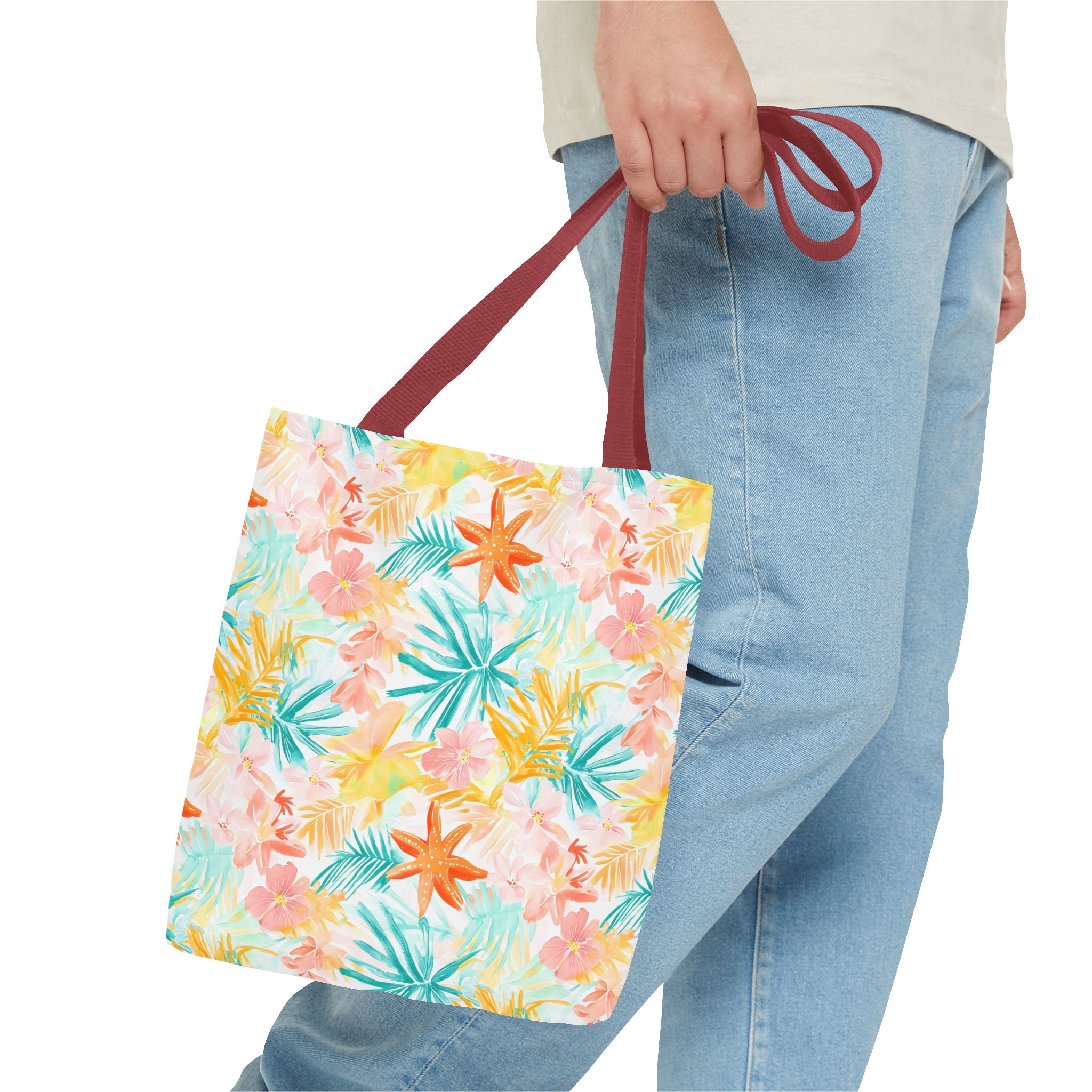 Tropical Starfish- Floral Tote Bag, Summer Beach Bag, Eco-Friendly Shopping Tote, Reusable Grocery Bag, Gift for Her