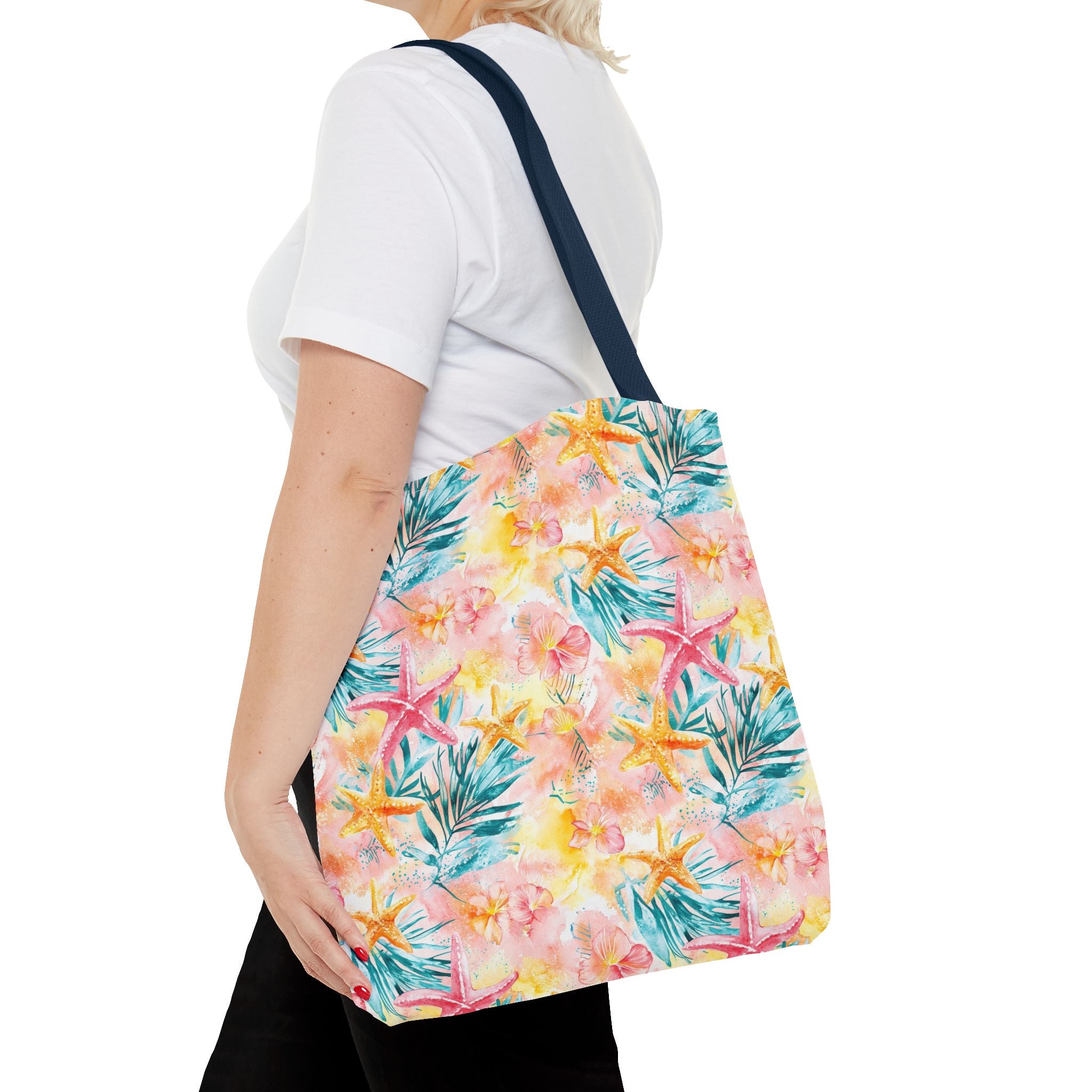 Pink tropical Starfish Tote Bag - Tropical Floral Print, Beach Essentials, Eco-Friendly, Gift for Her, Summer Vibes, Shopping Companion