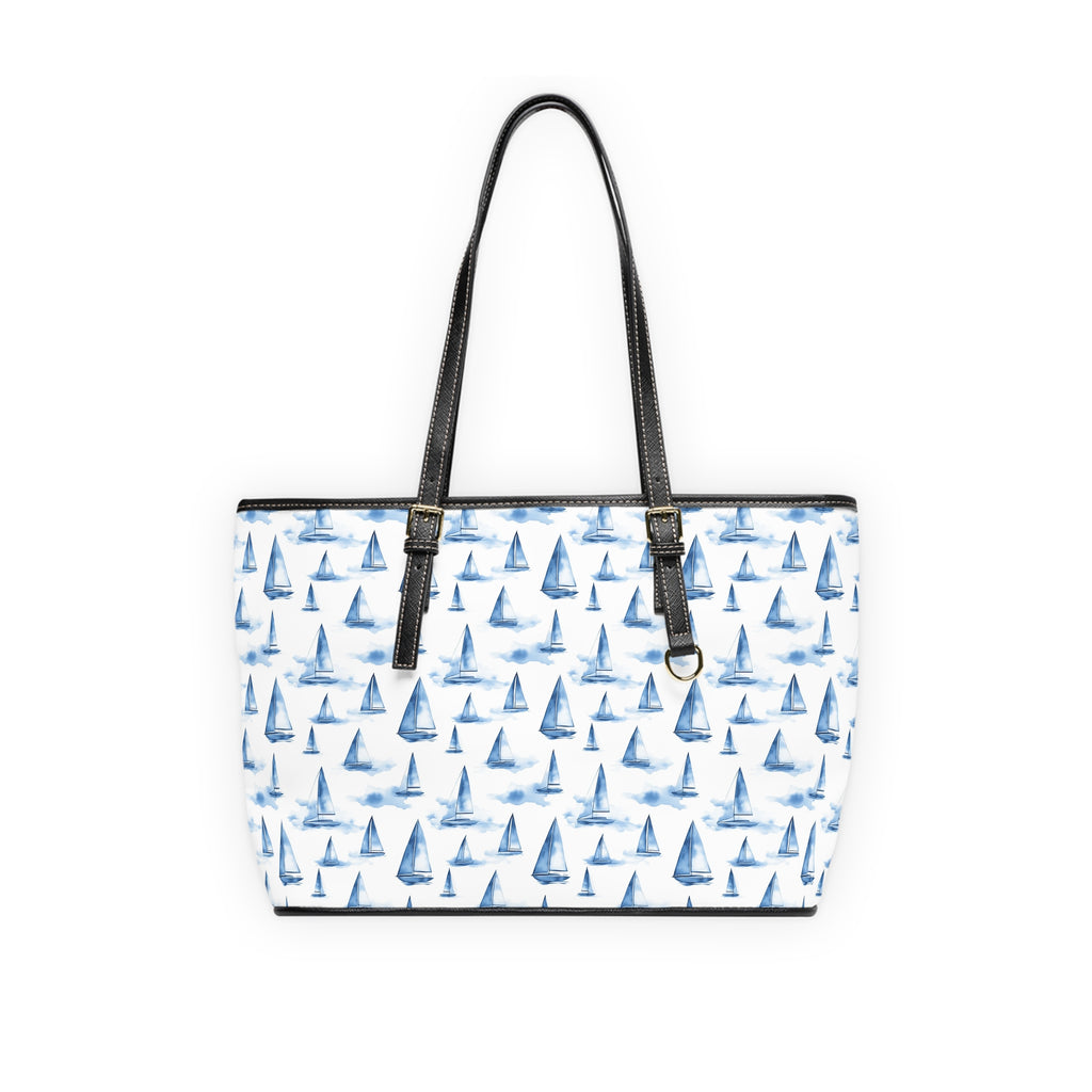 Blue Sailboat- Leather Shoulder Bag, Stylish Tote for Beach Days, Sailboat Design, Summer Travel, Gift for Sailors, Coastal Vibes