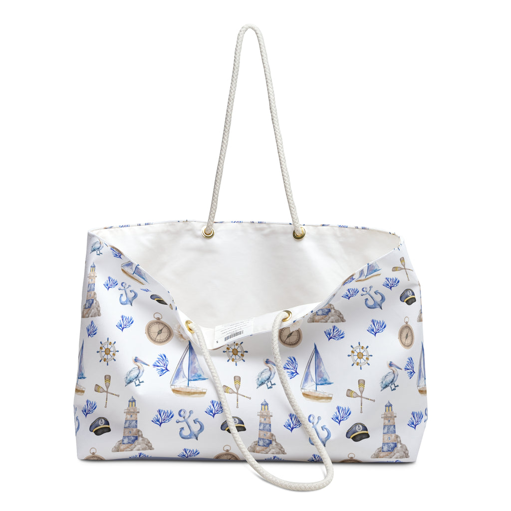 Sail Away- Weekender Bag, light house and sailboat pattern.