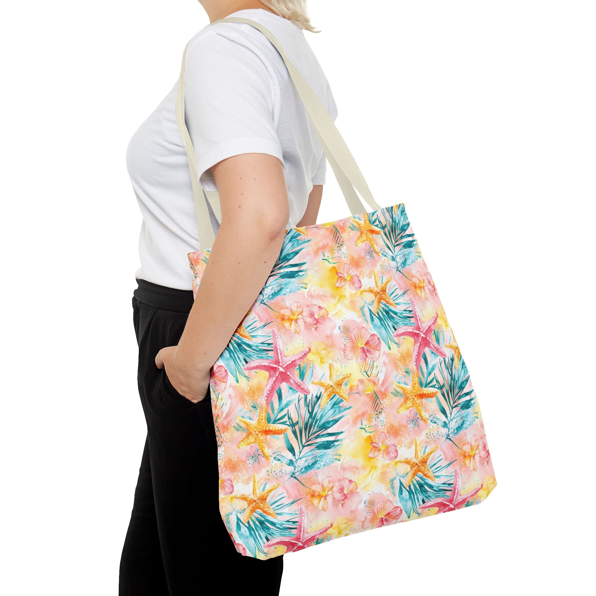 Pink tropical Starfish Tote Bag - Tropical Floral Print, Beach Essentials, Eco-Friendly, Gift for Her, Summer Vibes, Shopping Companion