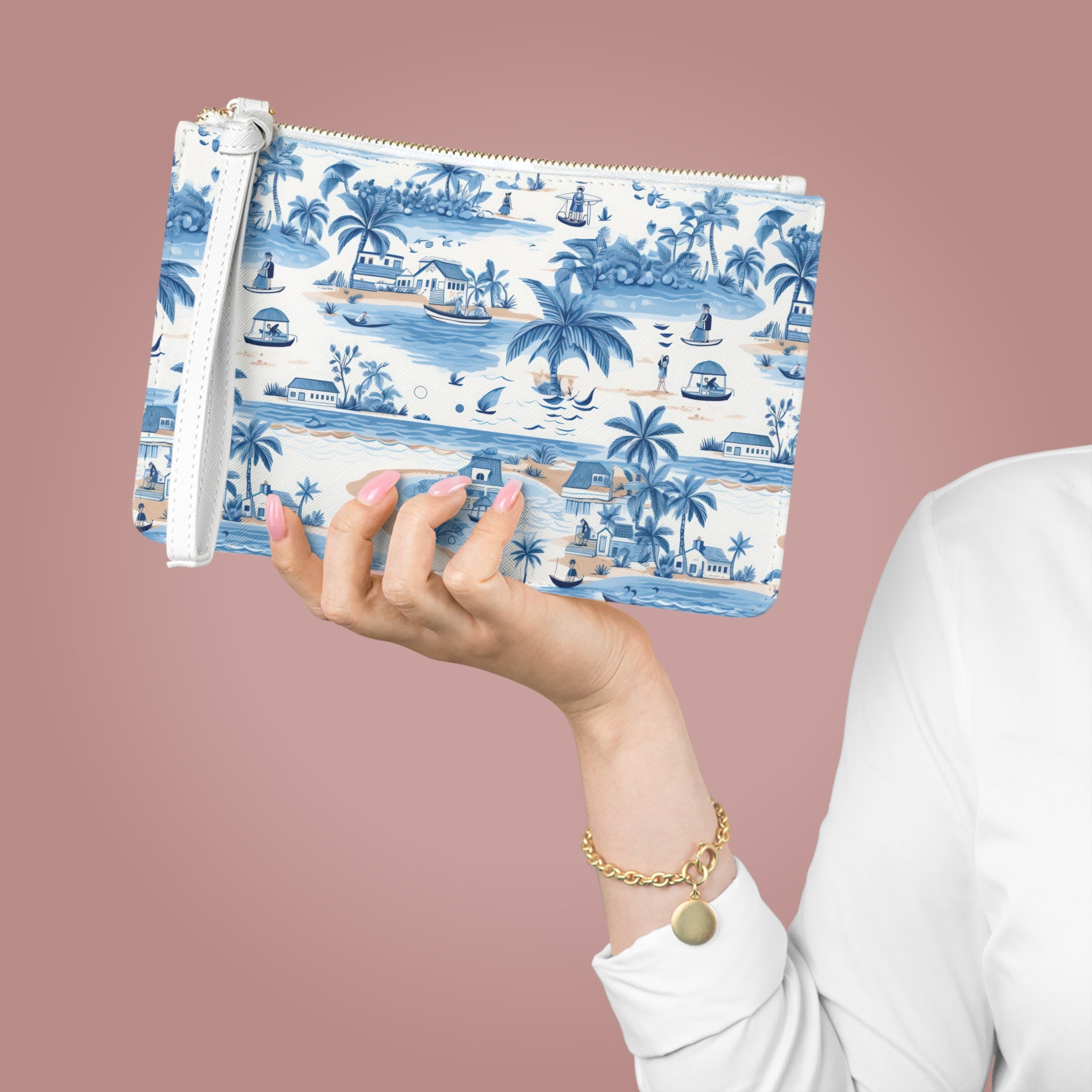 Tropical Blue Vegan Leather Clutch Bag - Beach Vibes, Travel Accessory, Summer Essentials, Gift for Her, Stylish Pouch