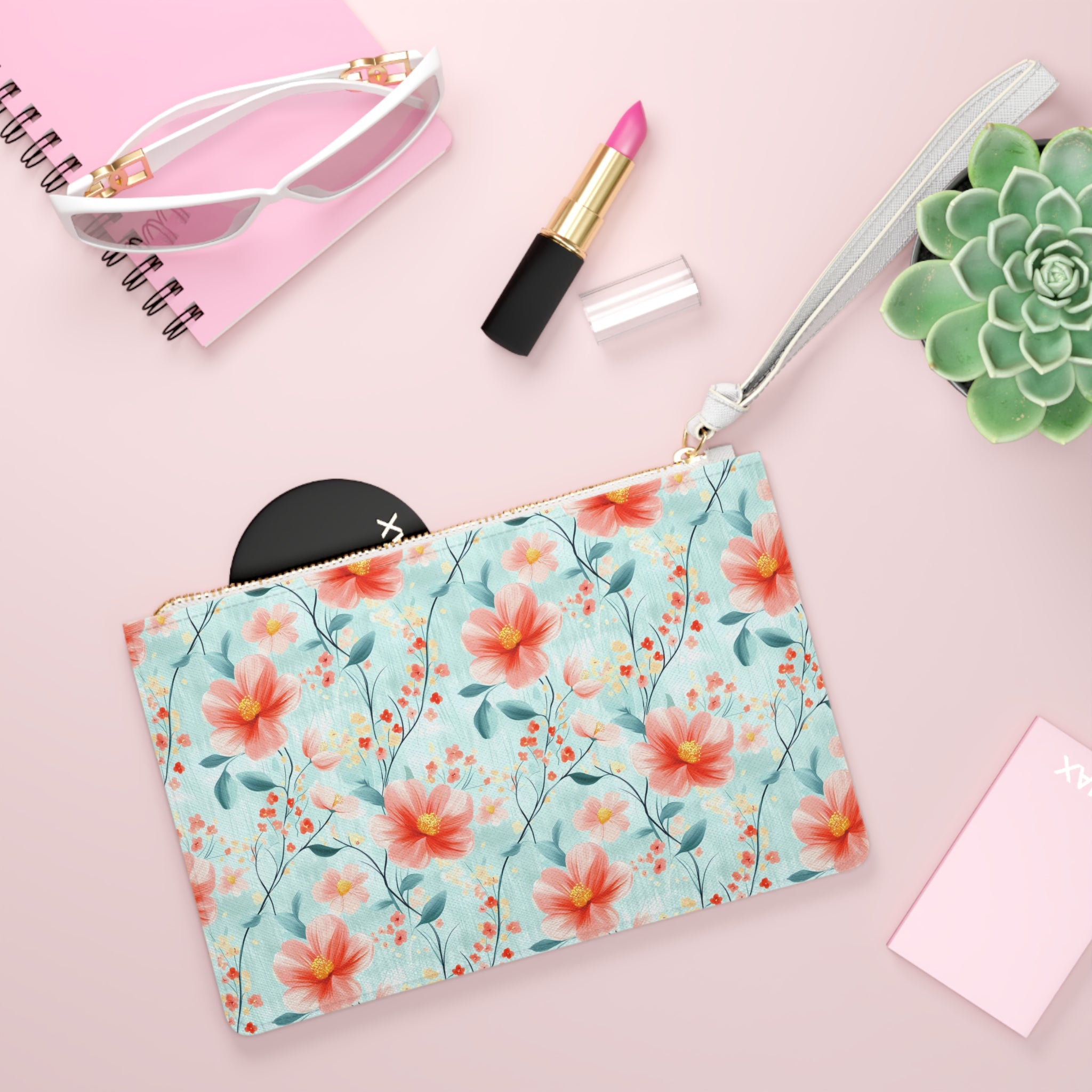 Teal Daisy Vegan Leather Clutch Bag - Stylish Pouch, Makeup Organizer, Evening Bag, Gift for Her, Bridesmaid Accessory