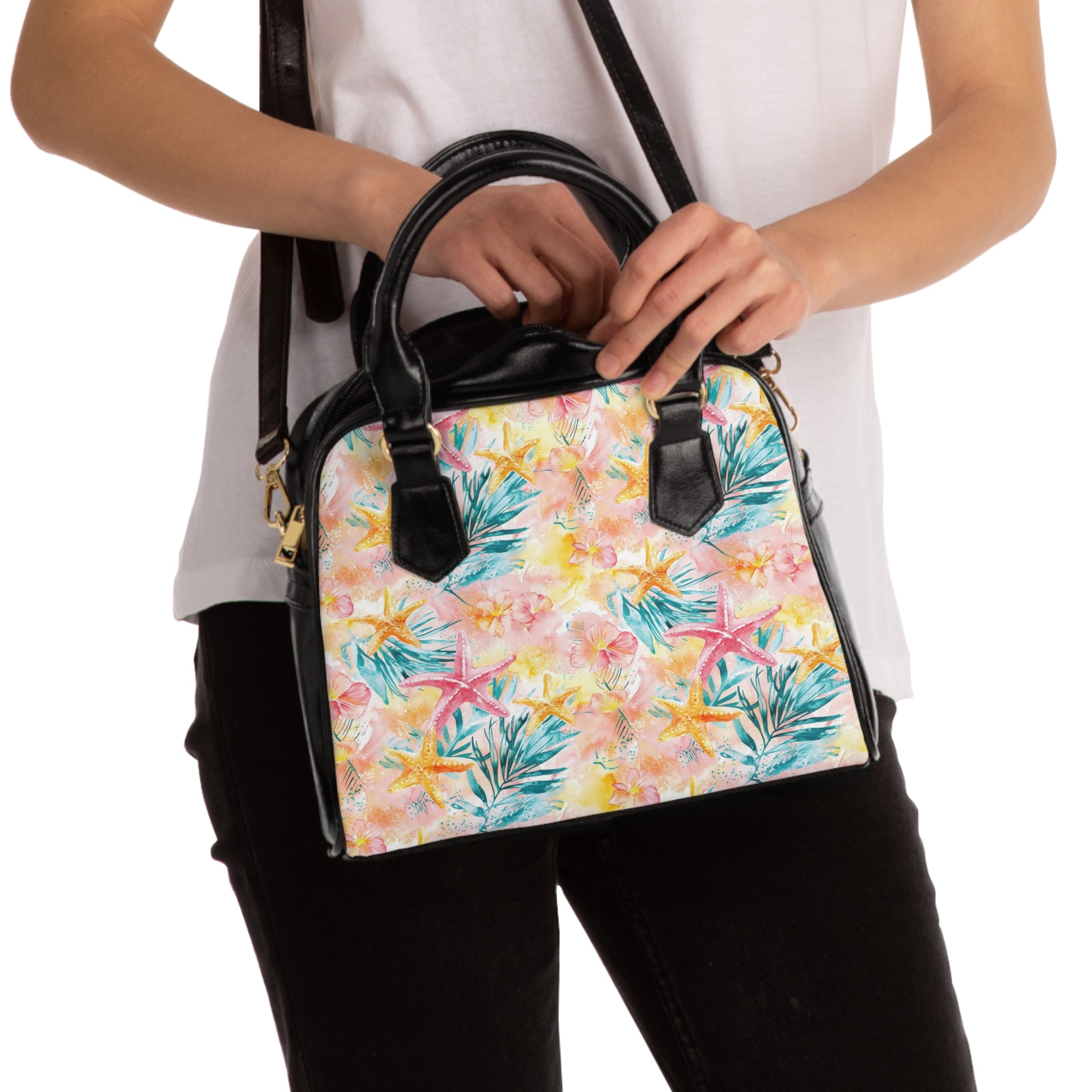 Pink Tropical Starfish - Floral Handbag, Stylish Summer Purse, Trendy Shoulder Bag, Perfect for Beach Days, Travel, Gifts for Her