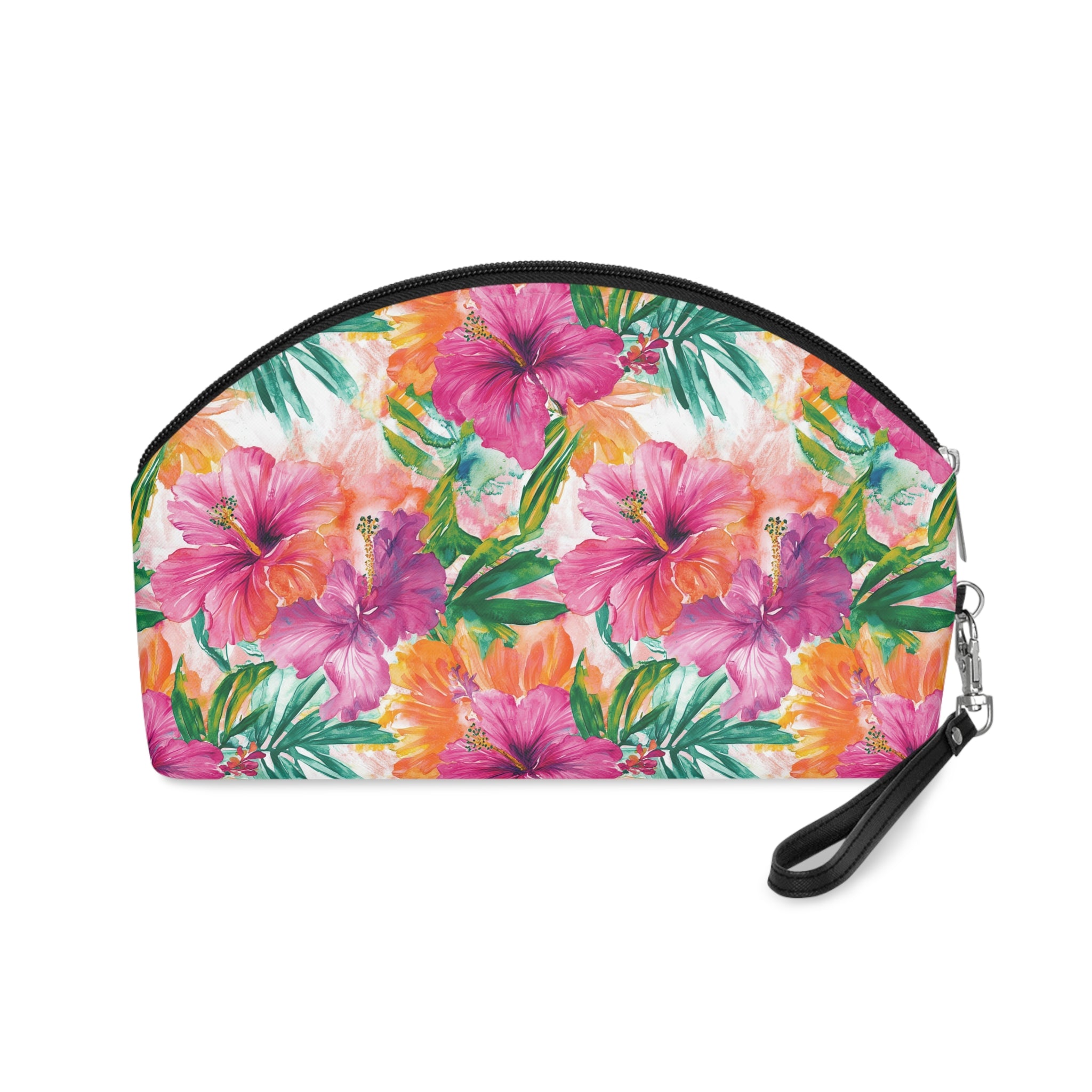 Pink Tropical Floral Makeup Bag, PU Faux Leather Makeup Bag, Travel Makeup kit, Vacation Makeup bag, Bridesmaid Gift, Makeup Organizer