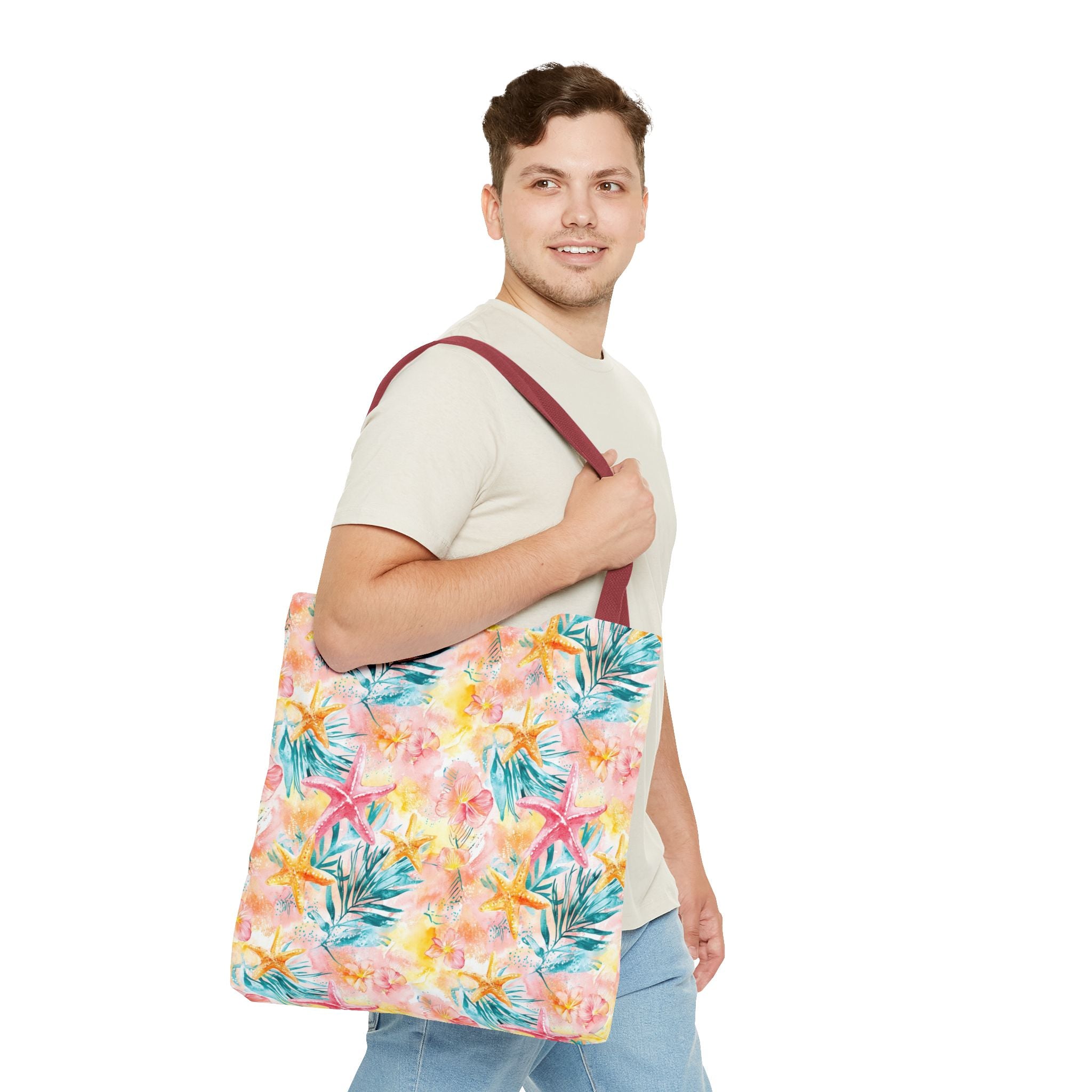 Pink tropical Starfish Tote Bag - Tropical Floral Print, Beach Essentials, Eco-Friendly, Gift for Her, Summer Vibes, Shopping Companion