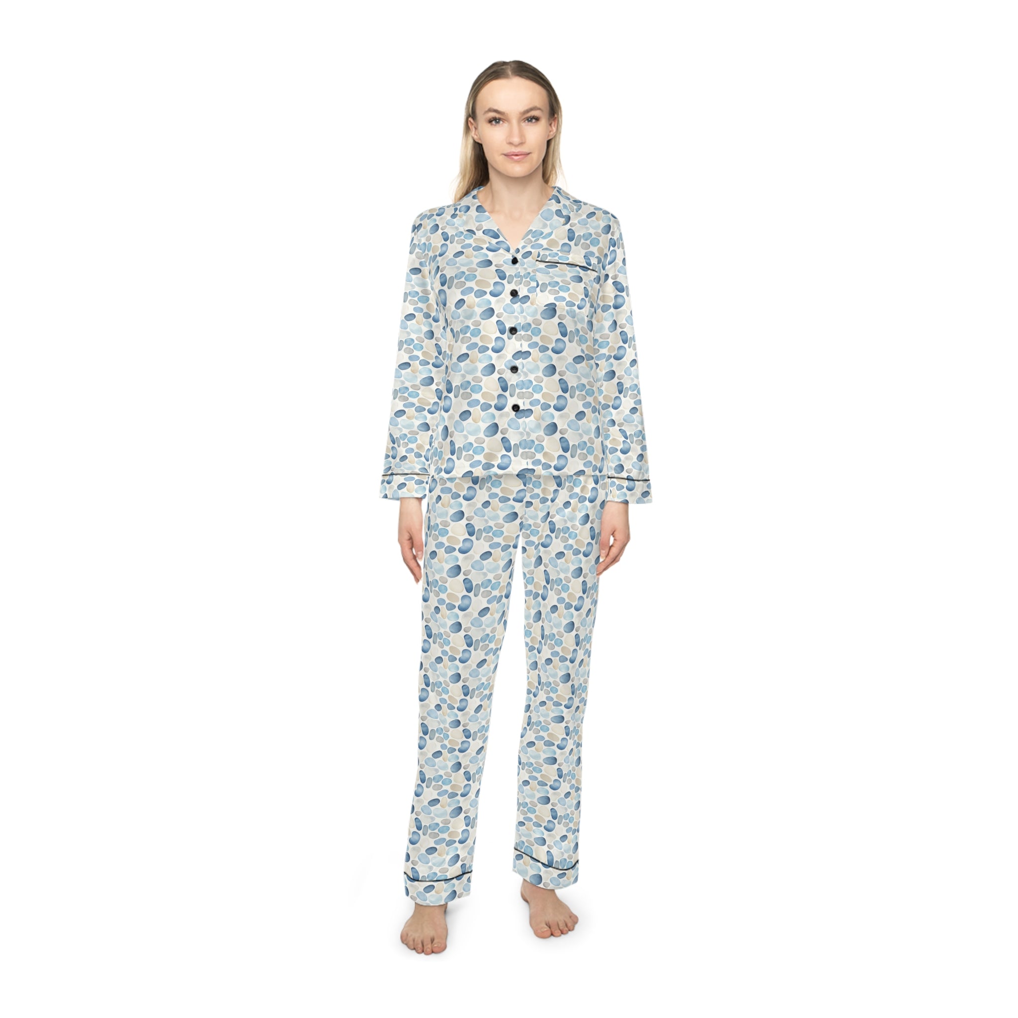 Cobblestone-Elegantly Floral Women's Satin Pajamas, Luxurious Sleepwear, Perfect for Home, Gifts, Relaxation, Spa Days, Cozy Nights