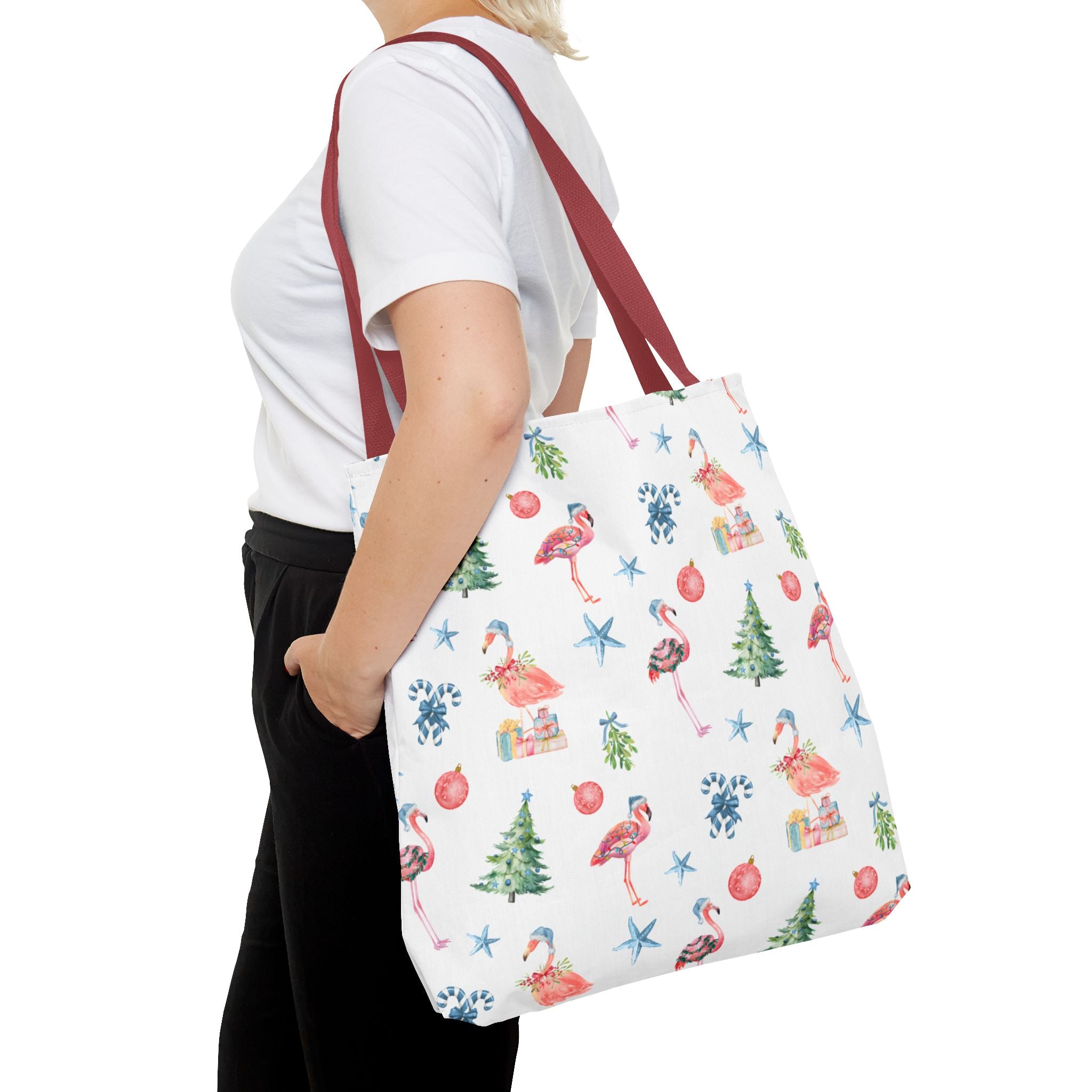 Christmas Flamingo Tote Bag, Holiday Gift, Summer Vibes, Beach Bag, Floral Shopper, Eco-Friendly，Gift Bag, Christmas Tote