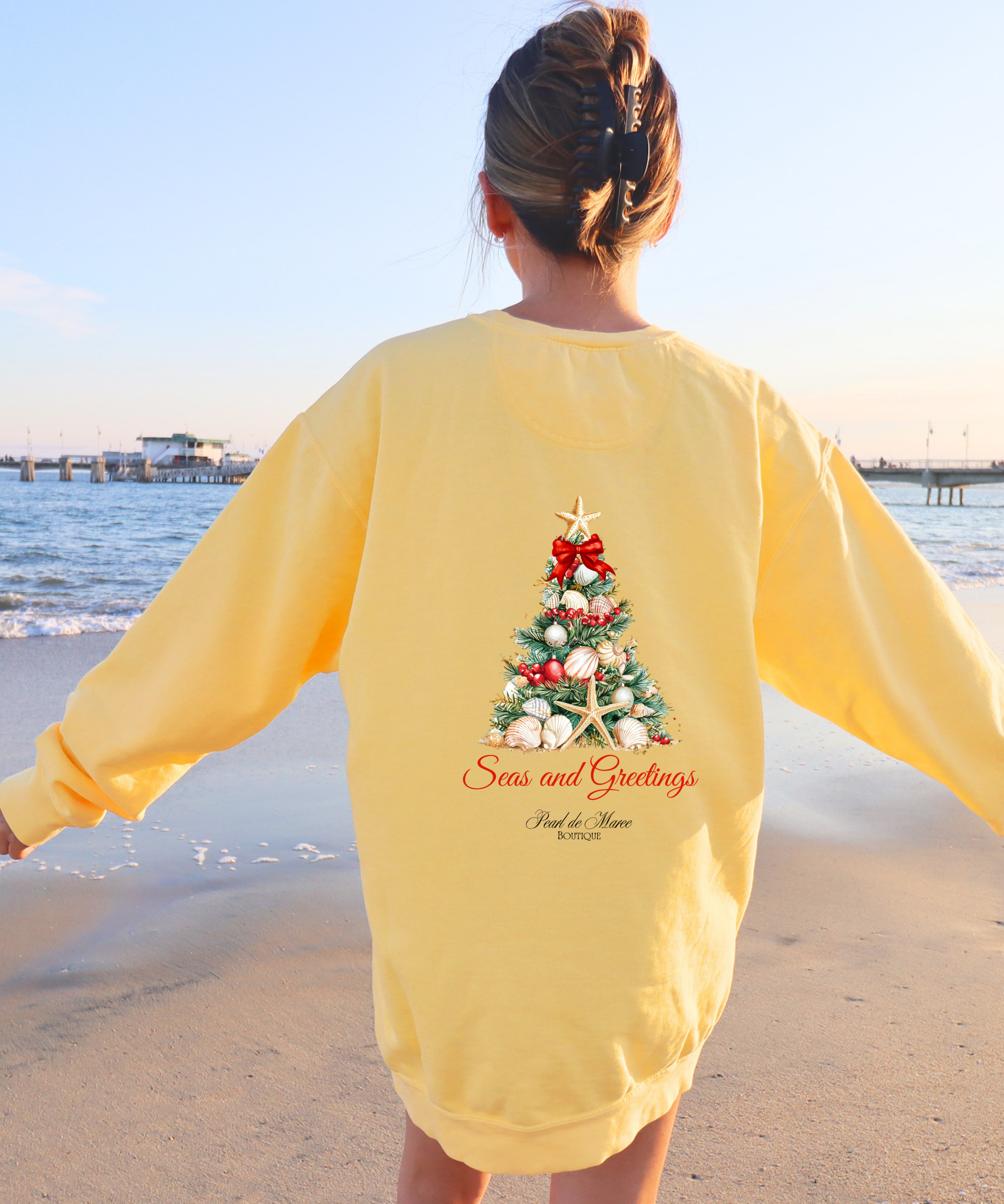 Seas and Greetings Beach Christmas Tree , Christmas Crewneck, Tropical Christmas Sweater, Beach Christmas Sweater, Gift for her Winter top.