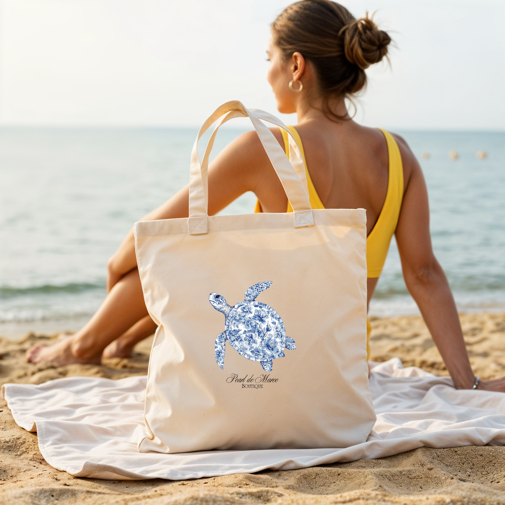 Costal Toile Turtle Canvas Tote
