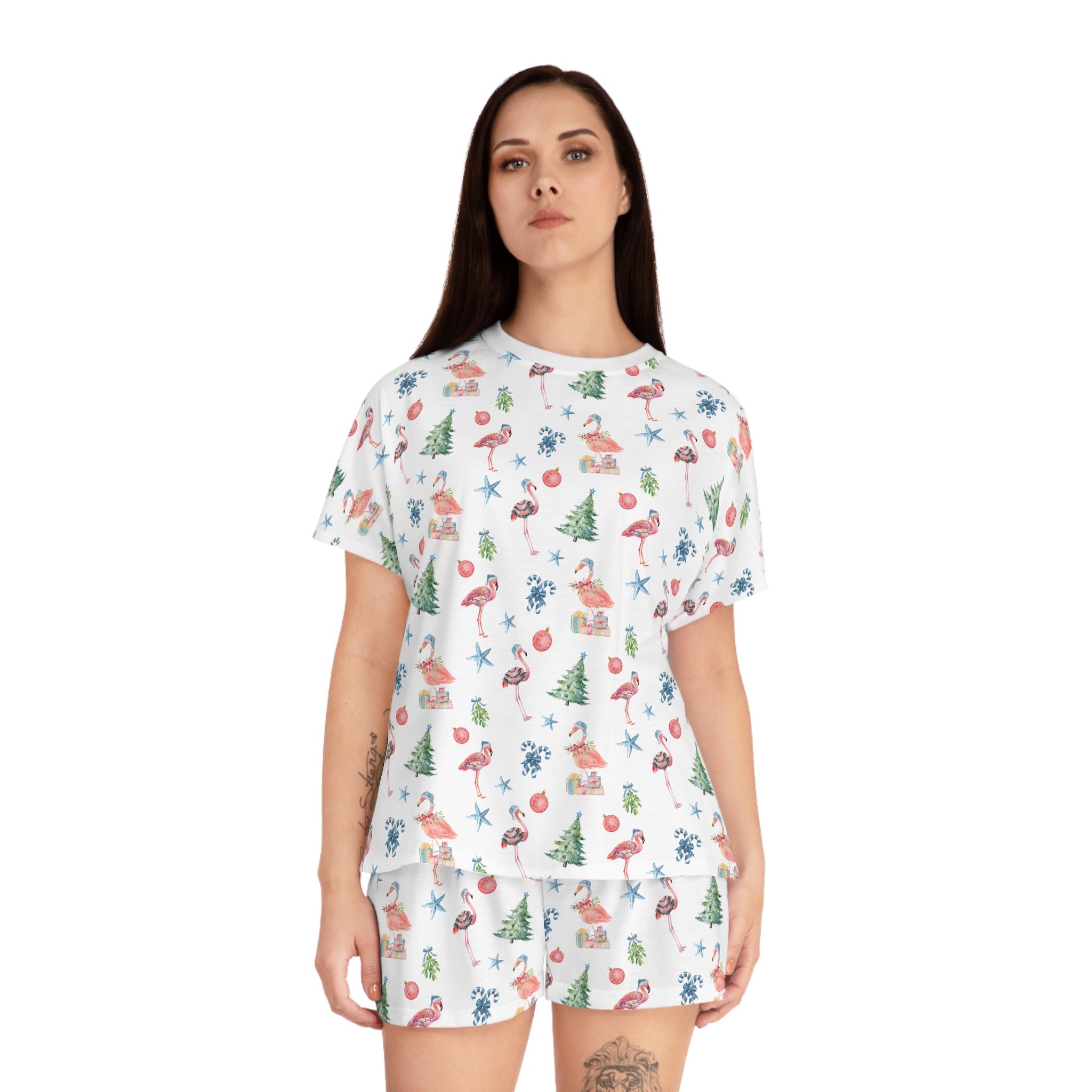 Christmas Flamingo Print Pajama Set, Relaxed Women's Sleepwear, Summer Nights, Gift for Her, Flamingo Pattern, Cozy Loungewear