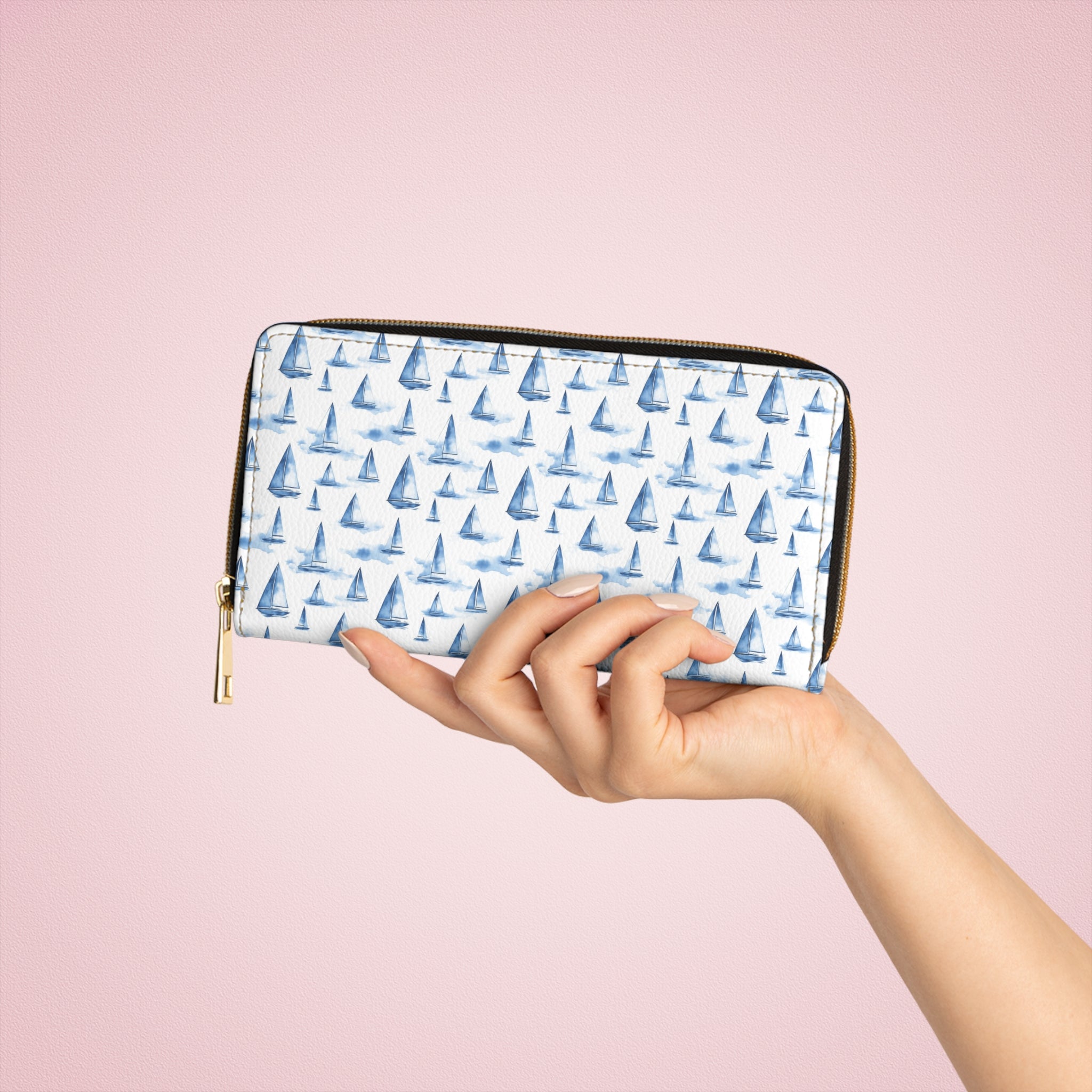 Blue Sailboat Vegan Leather Wallet, Nautical Zipper Wallet, Sailboat Wallet, Coastal Accessories, Marine Gifts, Summer Travel Purse, Beach-Themed Wallet