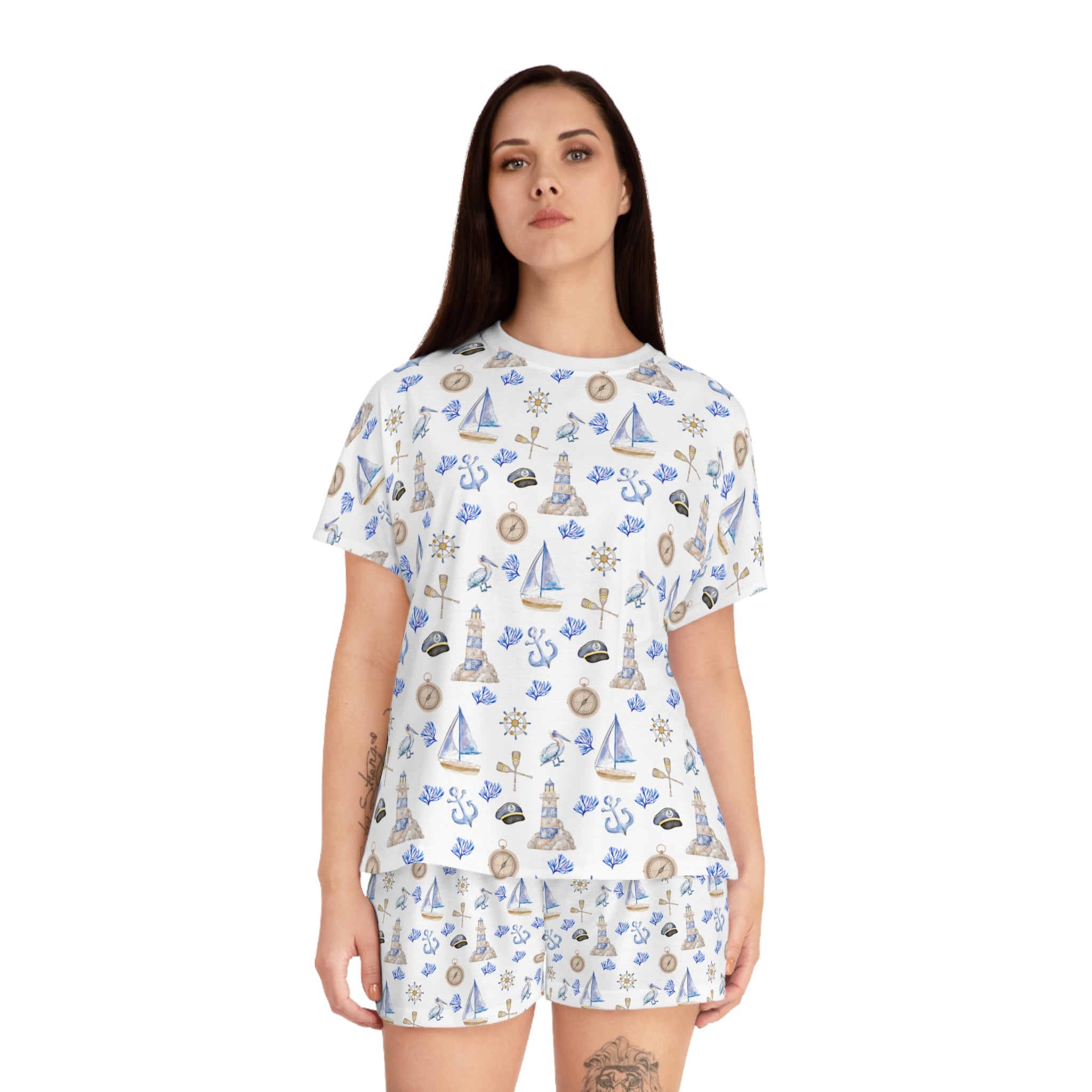 Sail Away-Cozy Nautical Pajama Set for Women, Summer Sleep Outfit, Relaxing Loungewear, Beach-themed Nightwear, Perfect Gift for Her