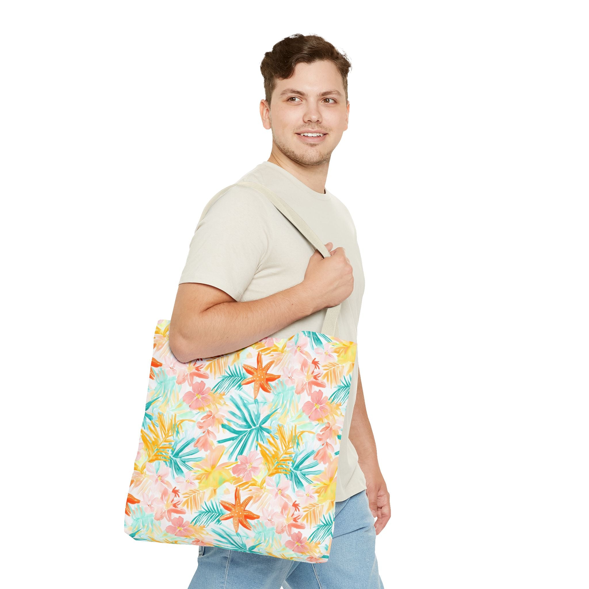 Tropical Starfish- Floral Tote Bag, Summer Beach Bag, Eco-Friendly Shopping Tote, Reusable Grocery Bag, Gift for Her