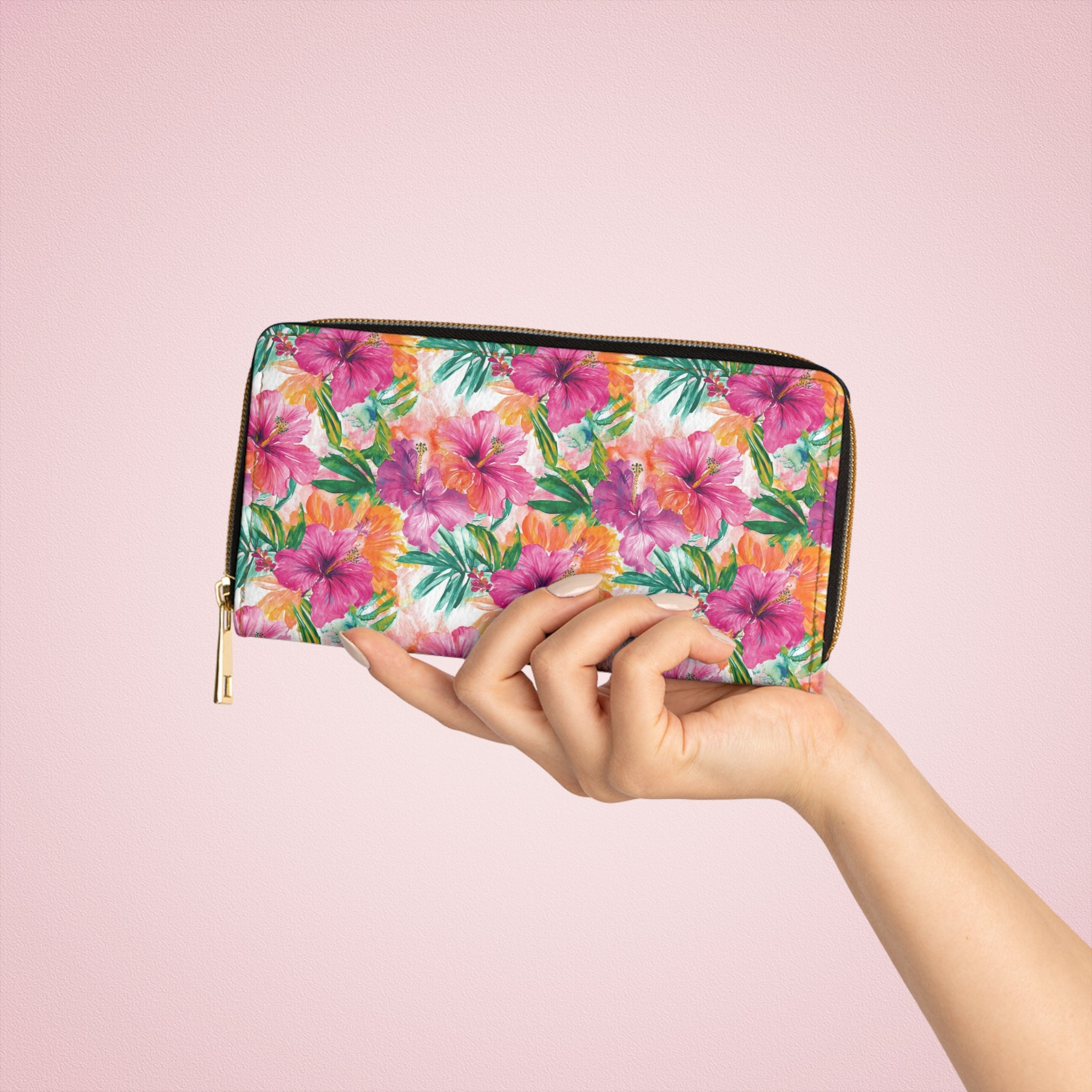 Pink Tropical Floral Vegan Leather Wallet, Wallet for Women, Summer Accessory, Gifts for Her, Travel Wallet, Colorful Clutch
