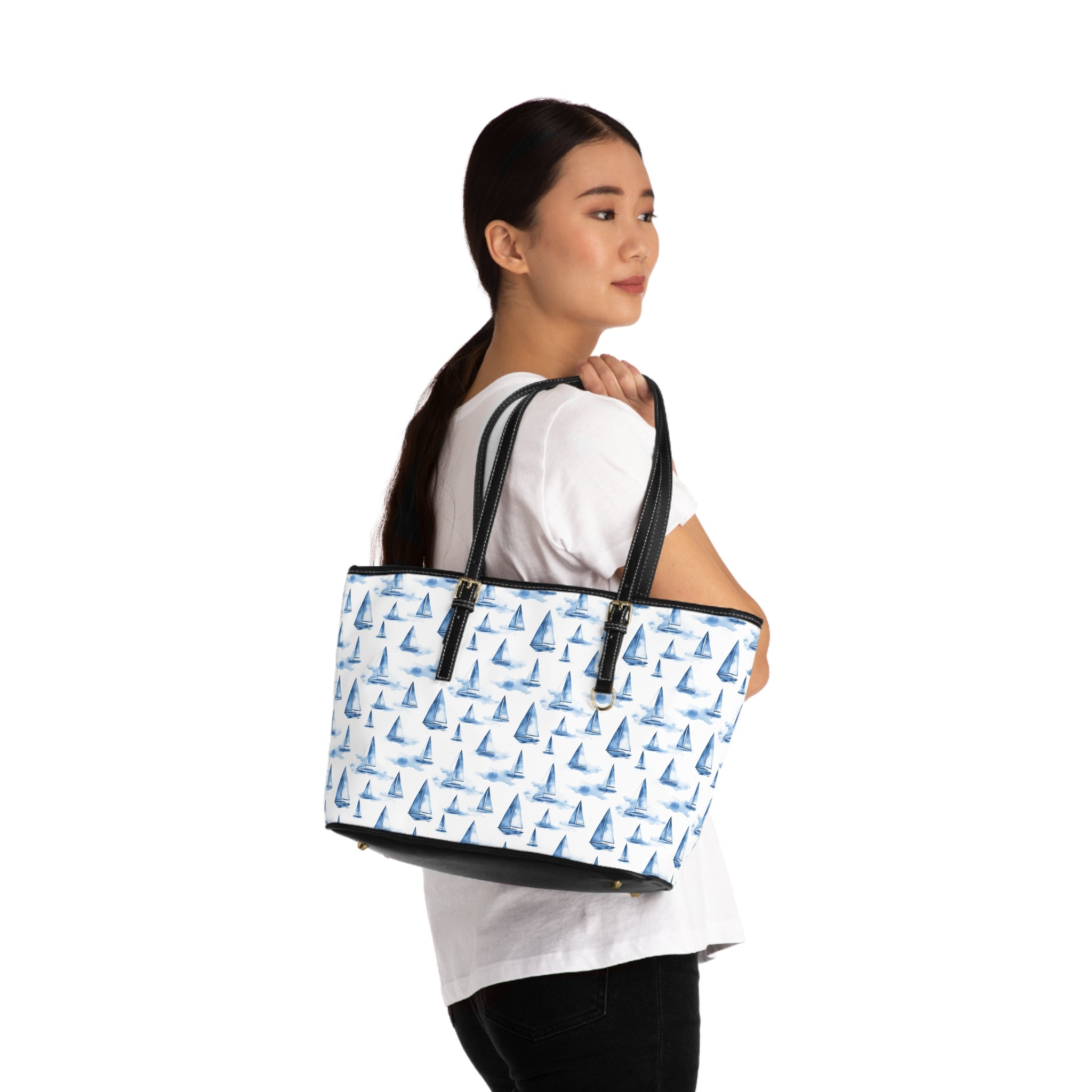 Blue Sailboat- Leather Shoulder Bag, Stylish Tote for Beach Days, Sailboat Design, Summer Travel, Gift for Sailors, Coastal Vibes