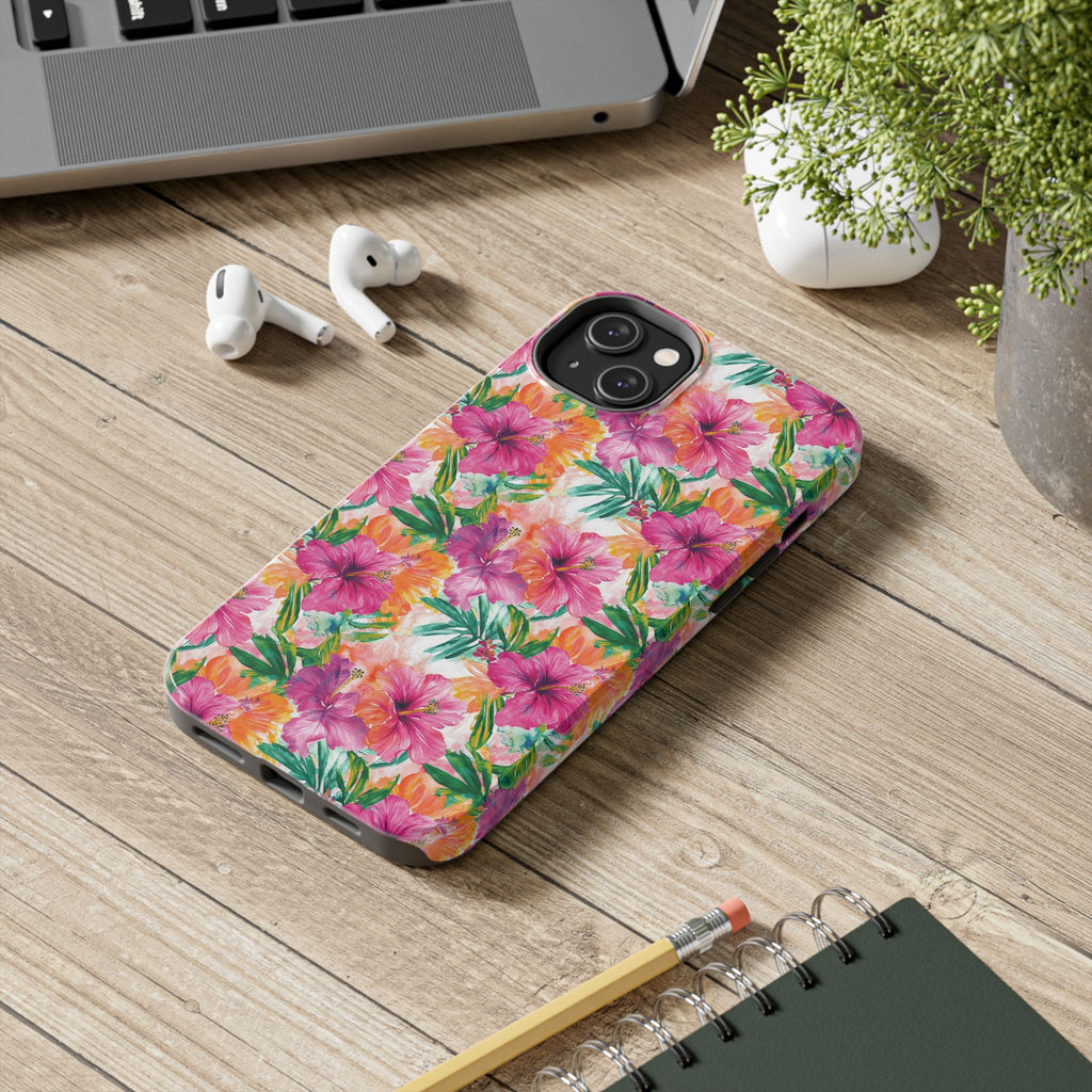 Pink Tropical Floral Phone Case, Tough Waterproof Cover, Summer Vibe Gift, Durable Tech Accessory, Floral Pattern for iPhone, Chic, Stylish