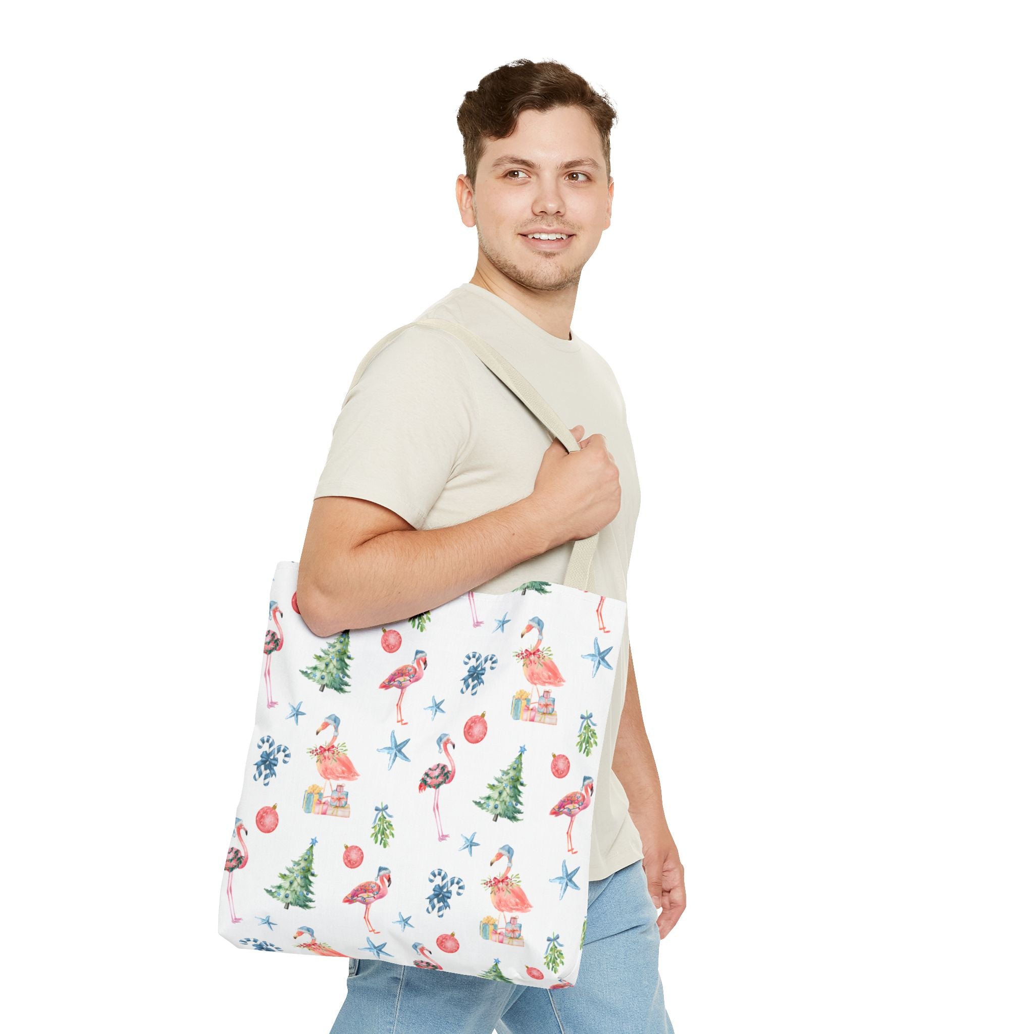 Christmas Flamingo Tote Bag, Holiday Gift, Summer Vibes, Beach Bag, Floral Shopper, Eco-Friendly，Gift Bag, Christmas Tote