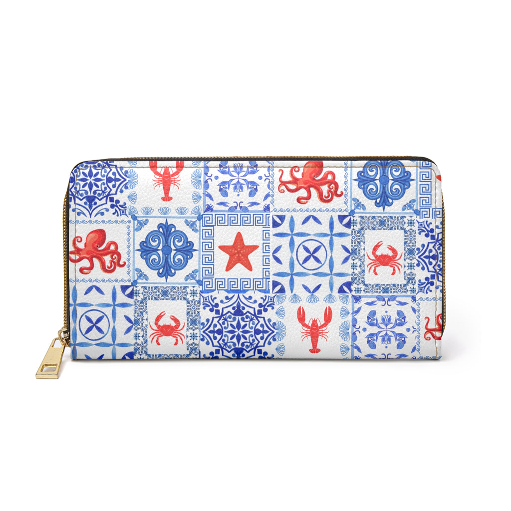 Greek Sea Vegan Leather Wallet, Nautical-Themed Zipper Wallet, Coastal Travel Accessories, Gift for Ocean Lovers, Functional Clutch for Women, Beach Theme Purse