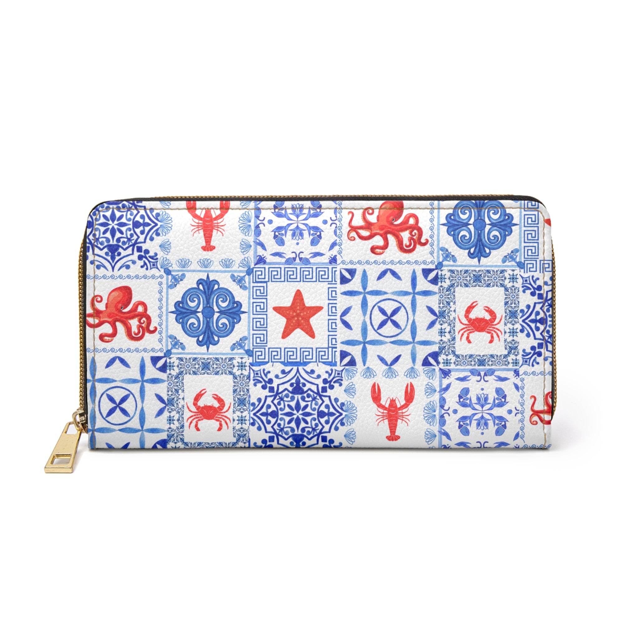 Greek Sea Vegan Leather Wallet, Nautical-Themed Zipper Wallet, Coastal Travel Accessories, Gift for Ocean Lovers, Functional Clutch for Women, Beach Theme Purse