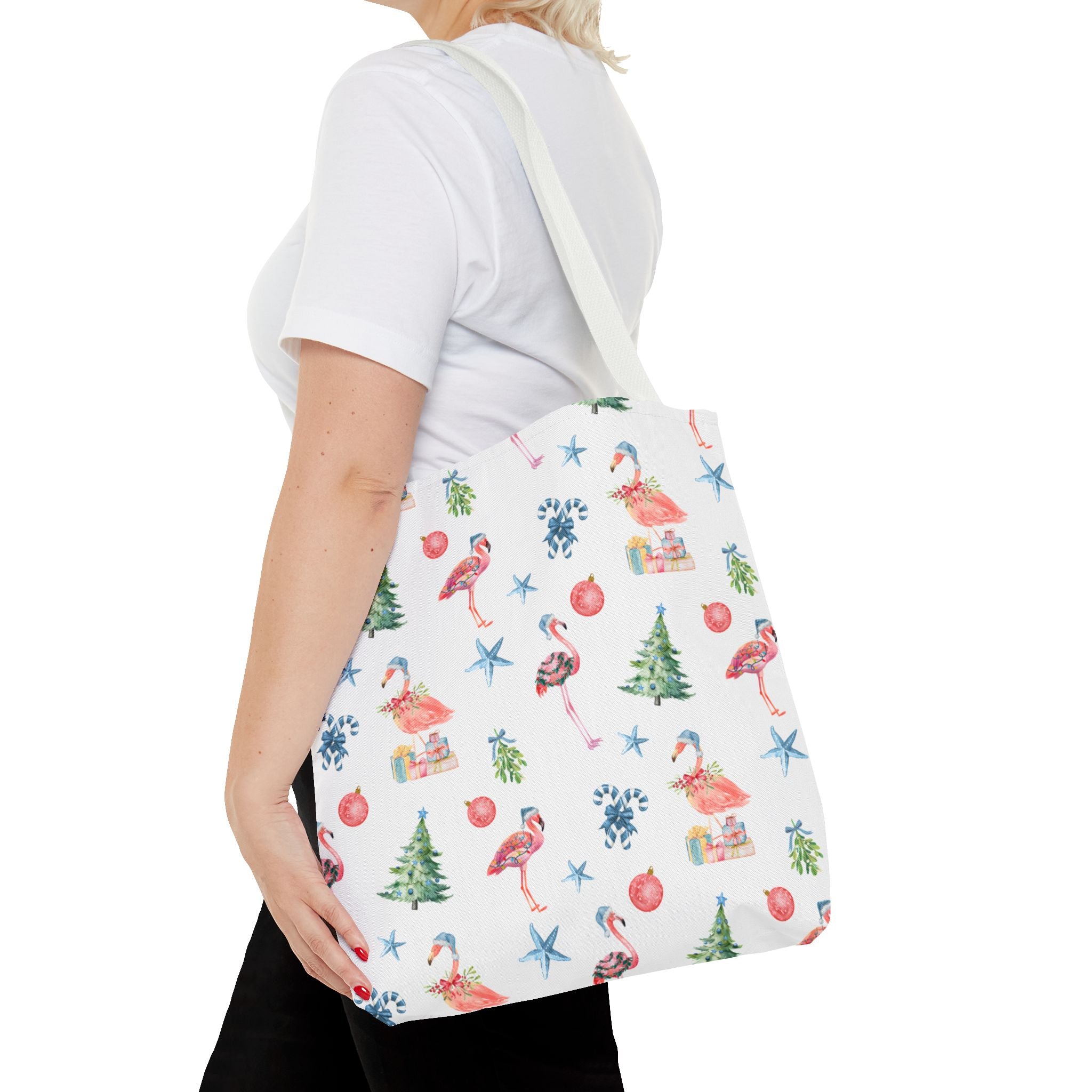 Christmas Flamingo Tote Bag, Holiday Gift, Summer Vibes, Beach Bag, Floral Shopper, Eco-Friendly，Gift Bag, Christmas Tote