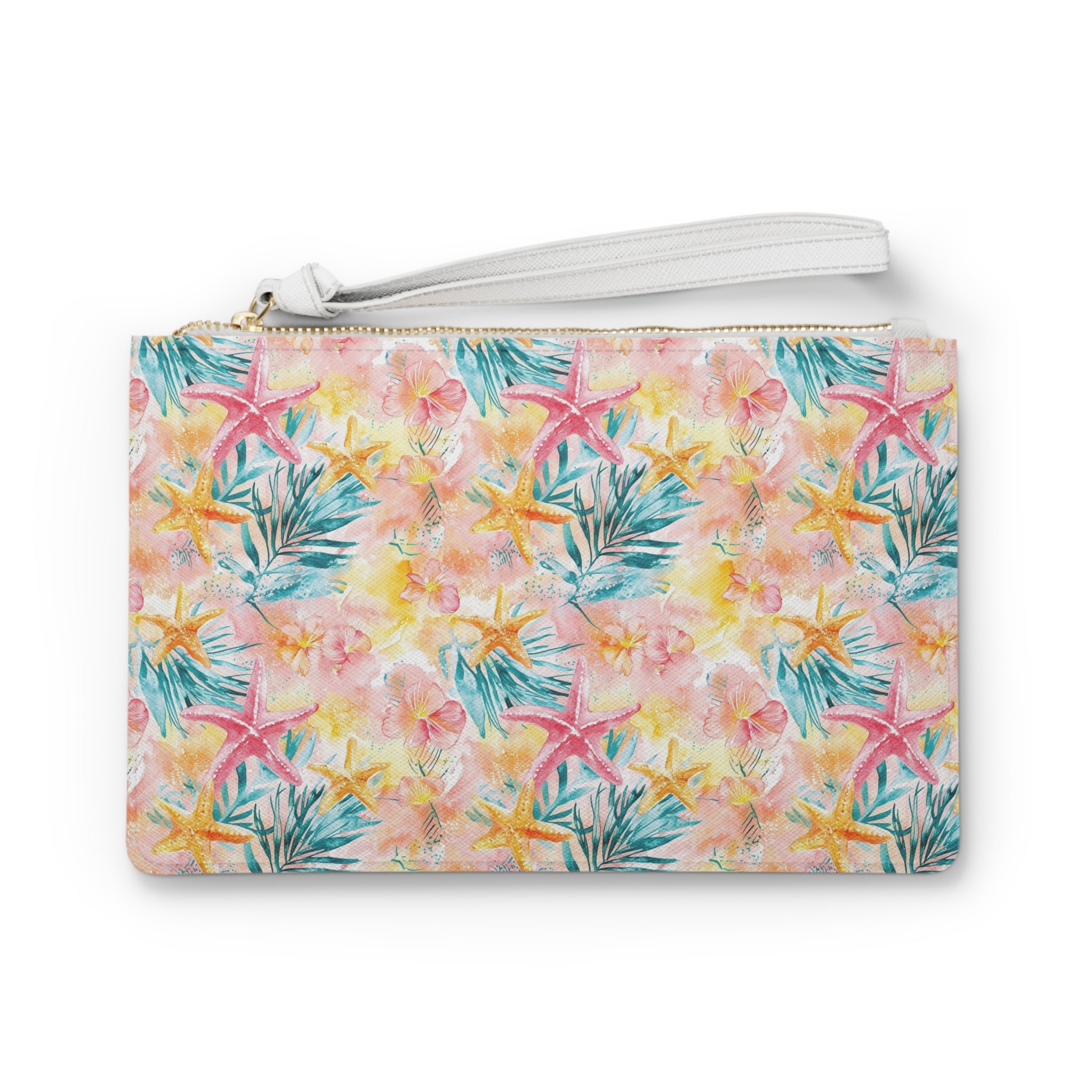 Pink Tropical Starfish Vegan Leather Clutch Bag, Summer Accessory, Travel Purse, Beach Clutch, Floral Handbag, Gift for Her, Vacation Essentials