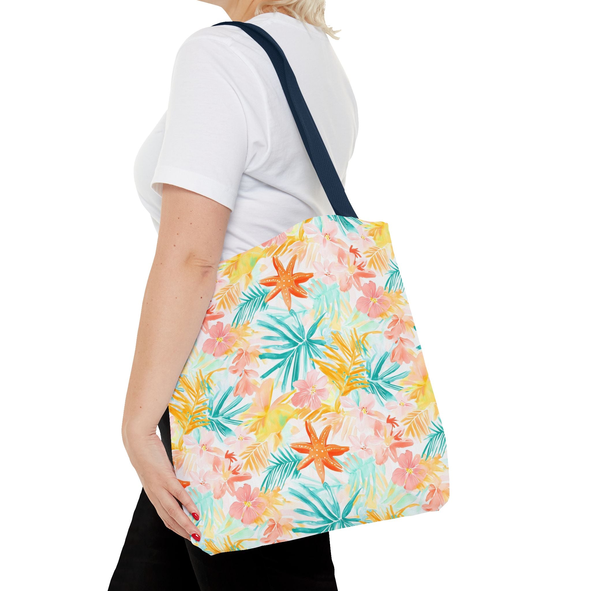 Tropical Starfish- Floral Tote Bag, Summer Beach Bag, Eco-Friendly Shopping Tote, Reusable Grocery Bag, Gift for Her