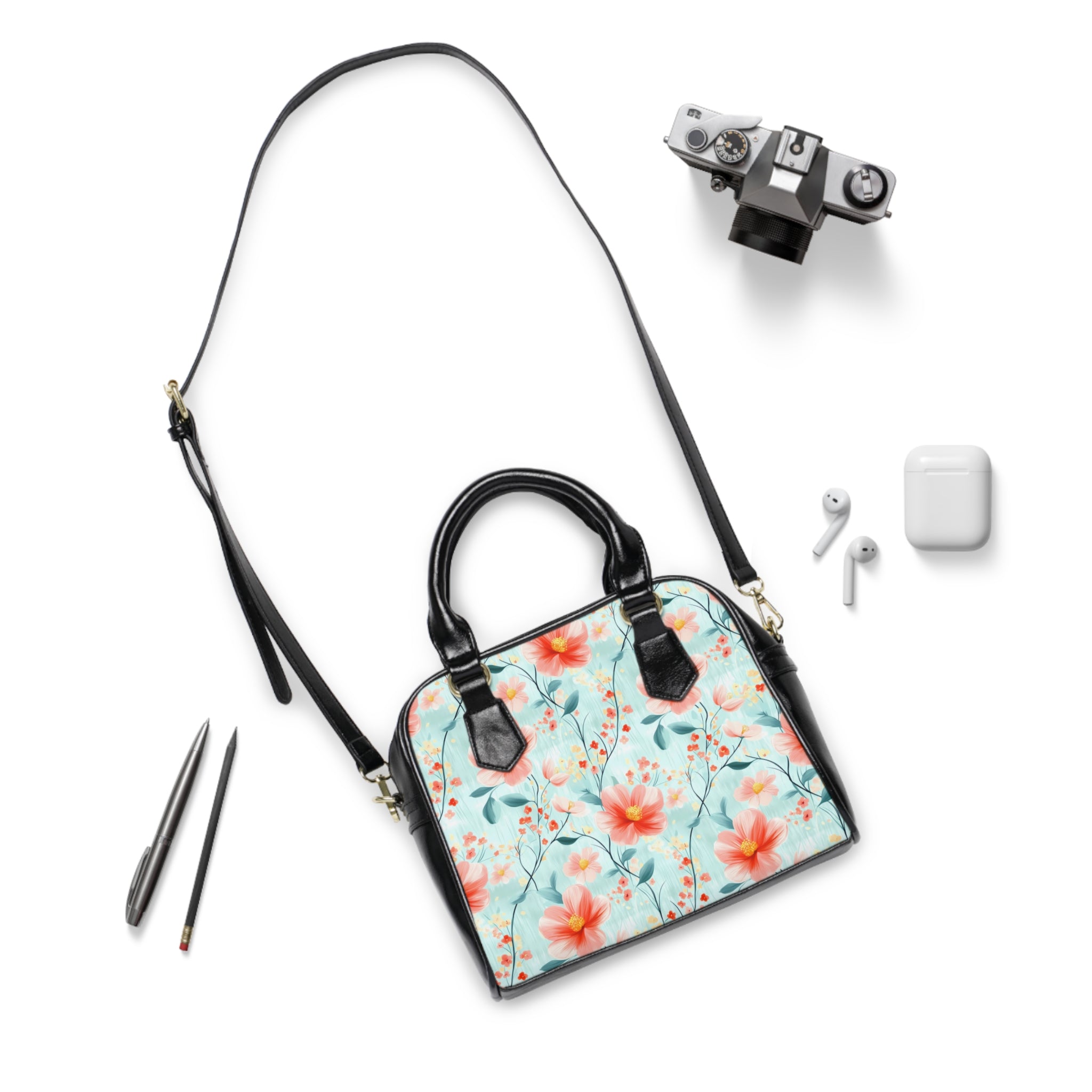Teal Daisy-Floral Shoulder Handbag, Stylish Handbag, Summer Bag, Gift for Her, Spring Fashion Accessory, Floral Print Purse