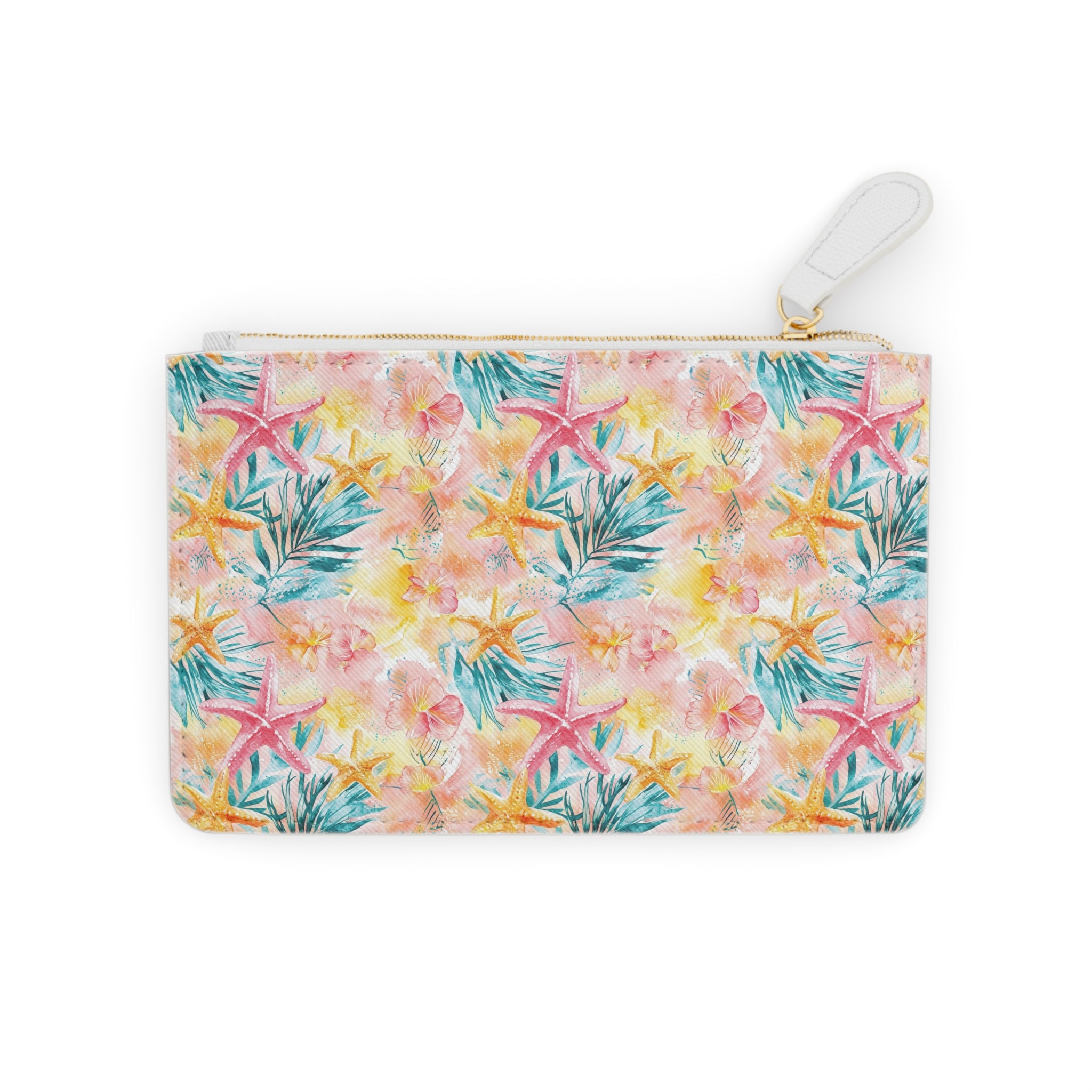 Pink Tropical Starfish Mini Vegan Leather Clutch Bag, Tropical Clutch Bag, Beach Bag, Gift for her