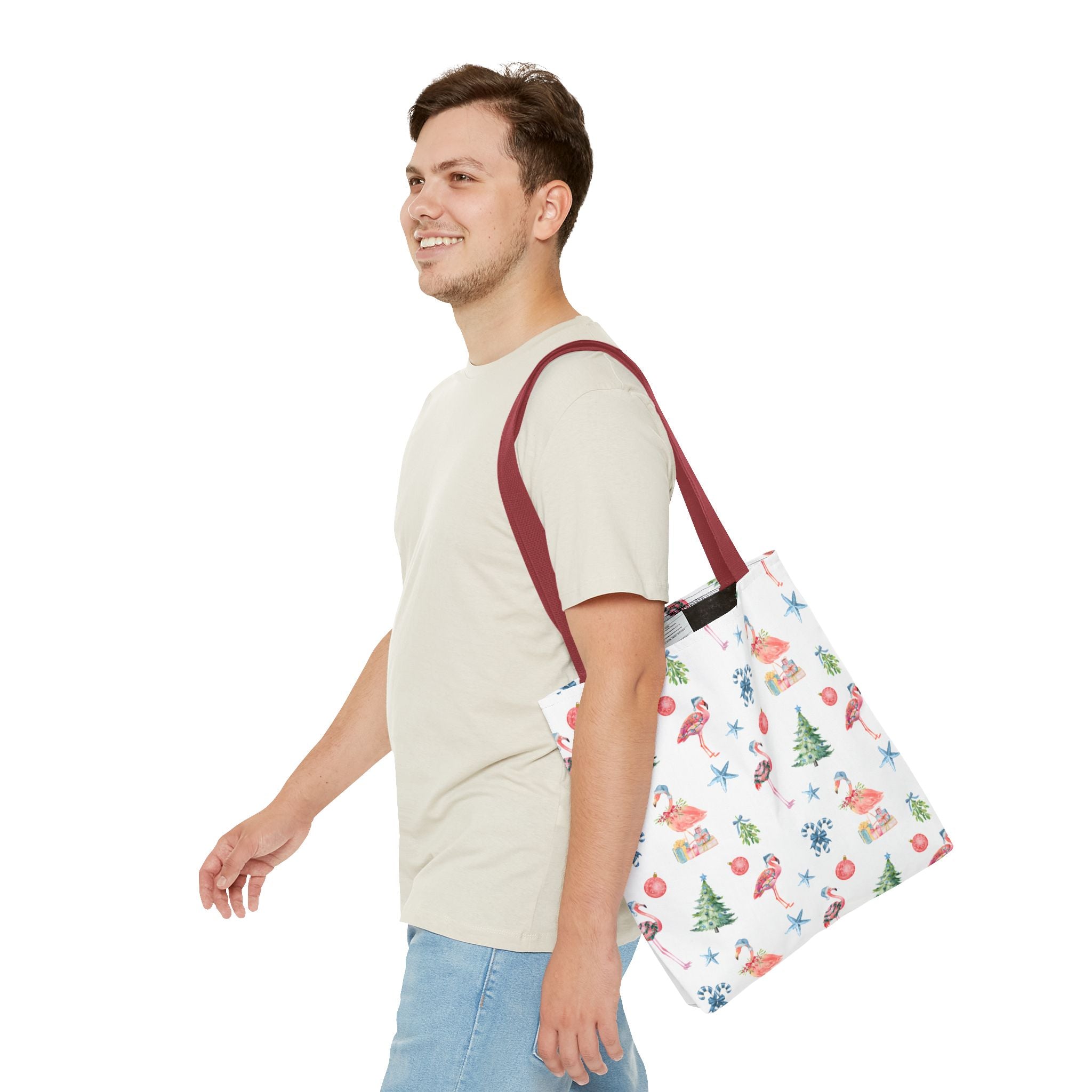 Christmas Flamingo Tote Bag, Holiday Gift, Summer Vibes, Beach Bag, Floral Shopper, Eco-Friendly，Gift Bag, Christmas Tote