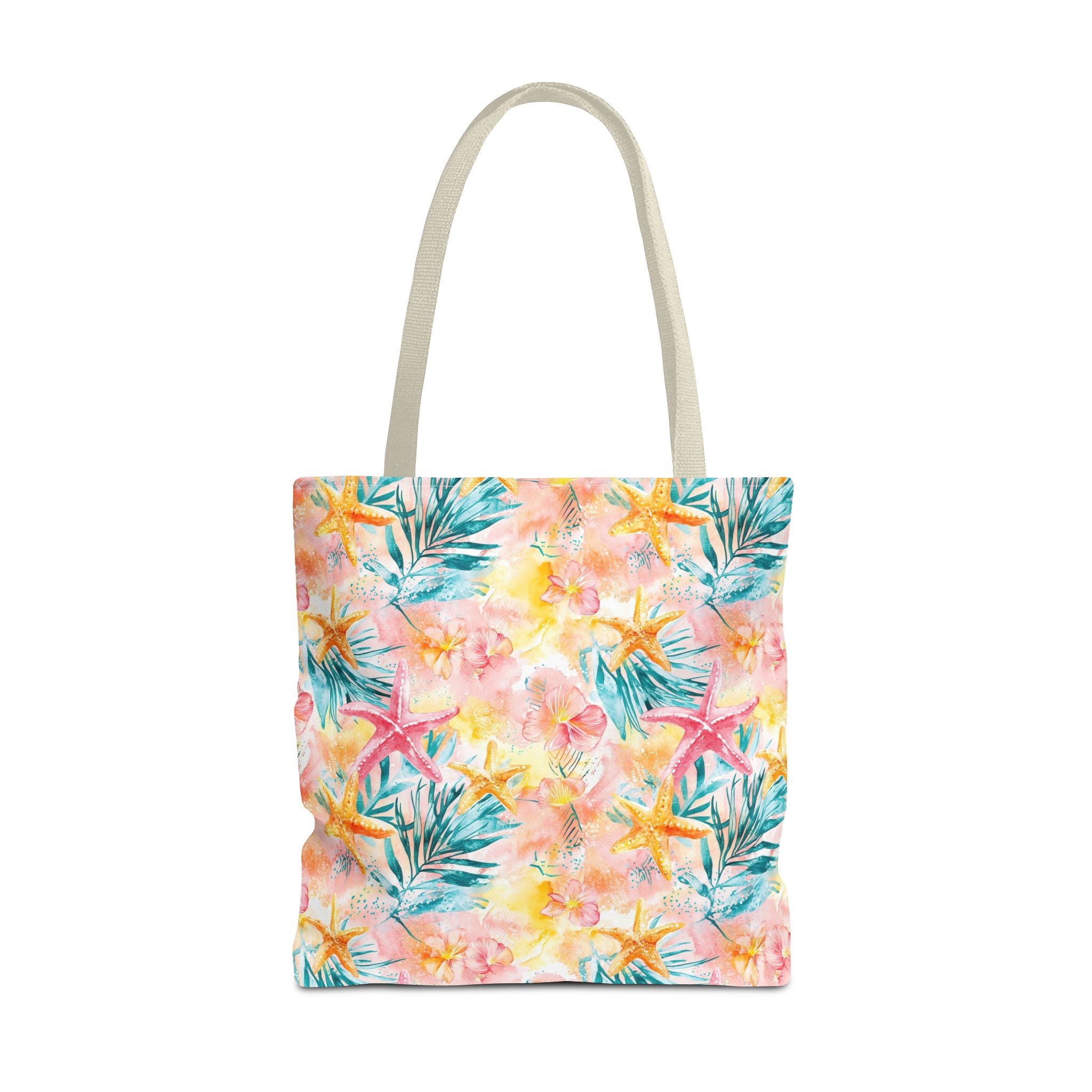 Pink tropical Starfish Tote Bag - Tropical Floral Print, Beach Essentials, Eco-Friendly, Gift for Her, Summer Vibes, Shopping Companion
