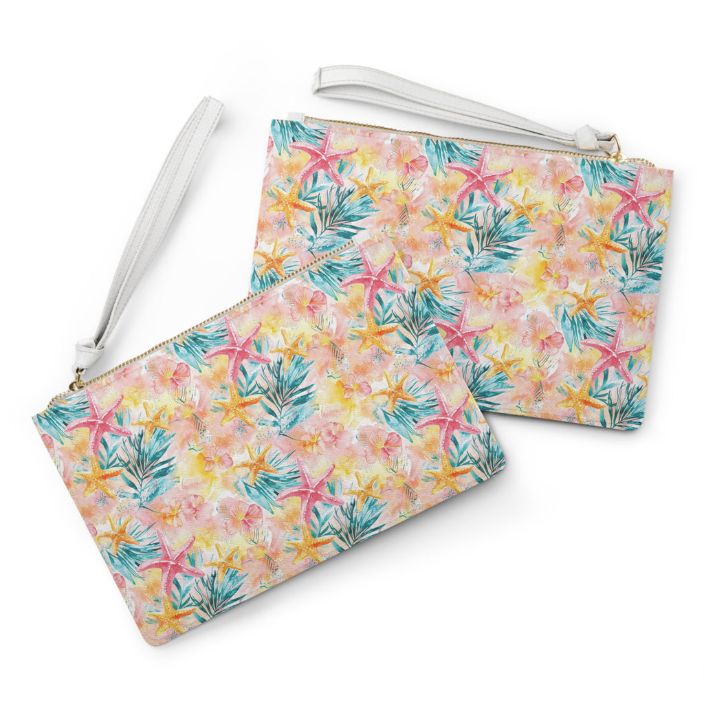 Pink Tropical Starfish Vegan Leather Clutch Bag, Summer Accessory, Travel Purse, Beach Clutch, Floral Handbag, Gift for Her, Vacation Essentials