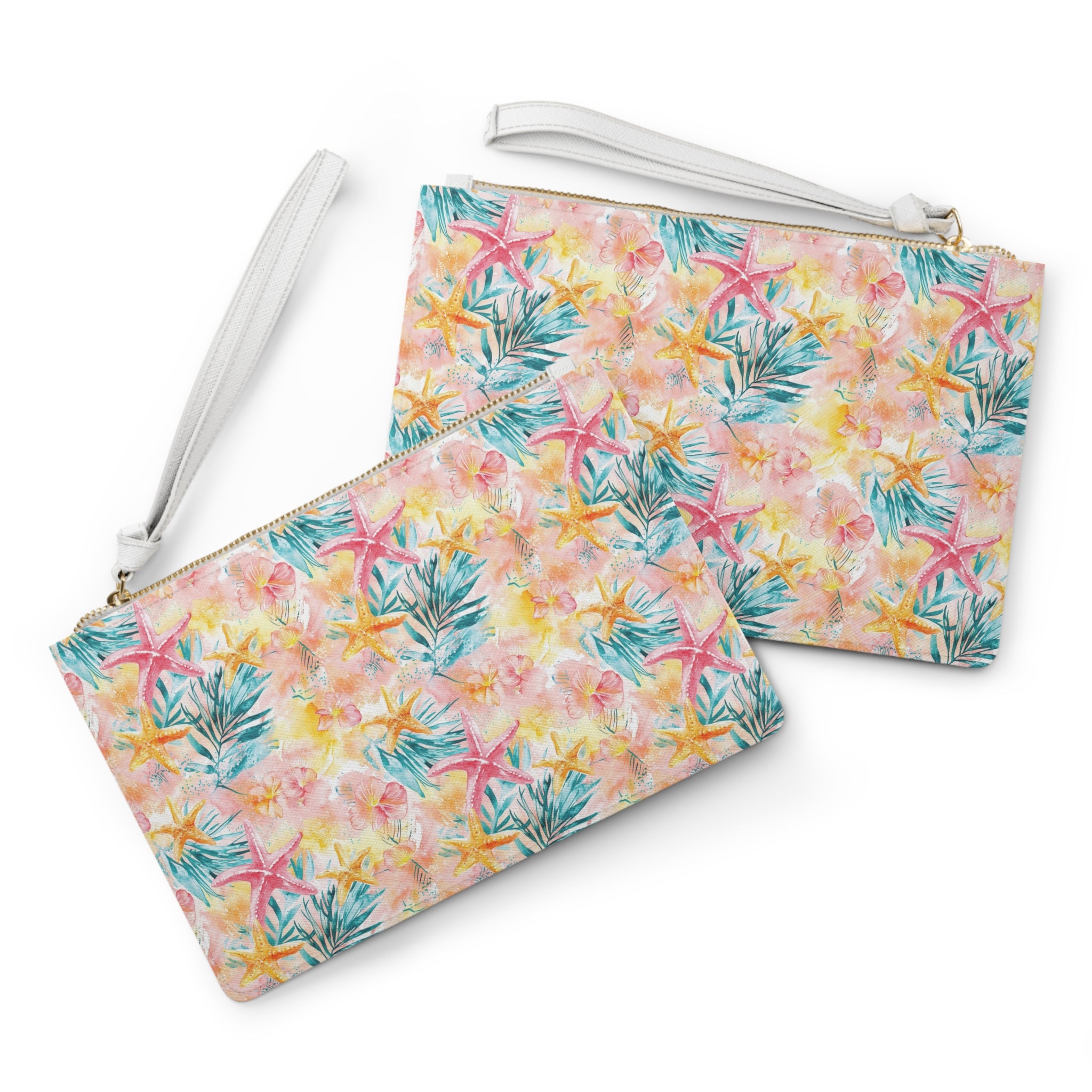 Pink Tropical Starfish Vegan Leather Clutch Bag, Summer Accessory, Travel Purse, Beach Clutch, Floral Handbag, Gift for Her, Vacation Essentials