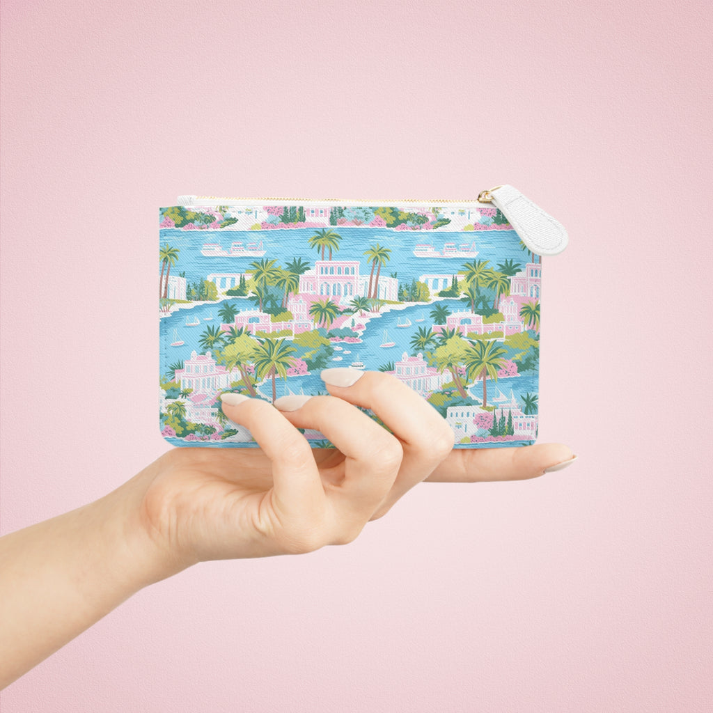 Greek Island Mini Vegan Leather Clutch Bag, Stylish Travel Pouch, Summer Accessory, Essential for Parties, Unique Gift for Her
