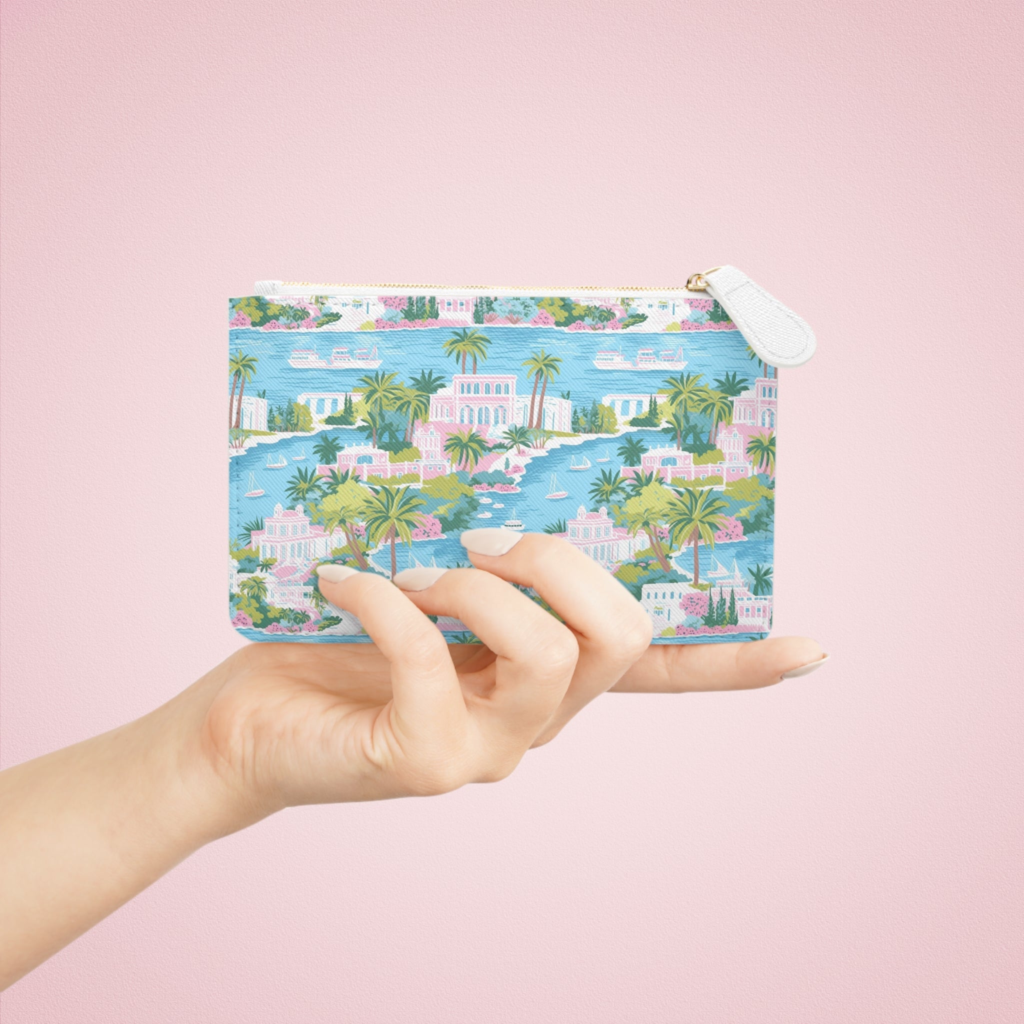 Greek Island Mini Vegan Leather Clutch Bag, Stylish Travel Pouch, Summer Accessory, Essential for Parties, Unique Gift for Her