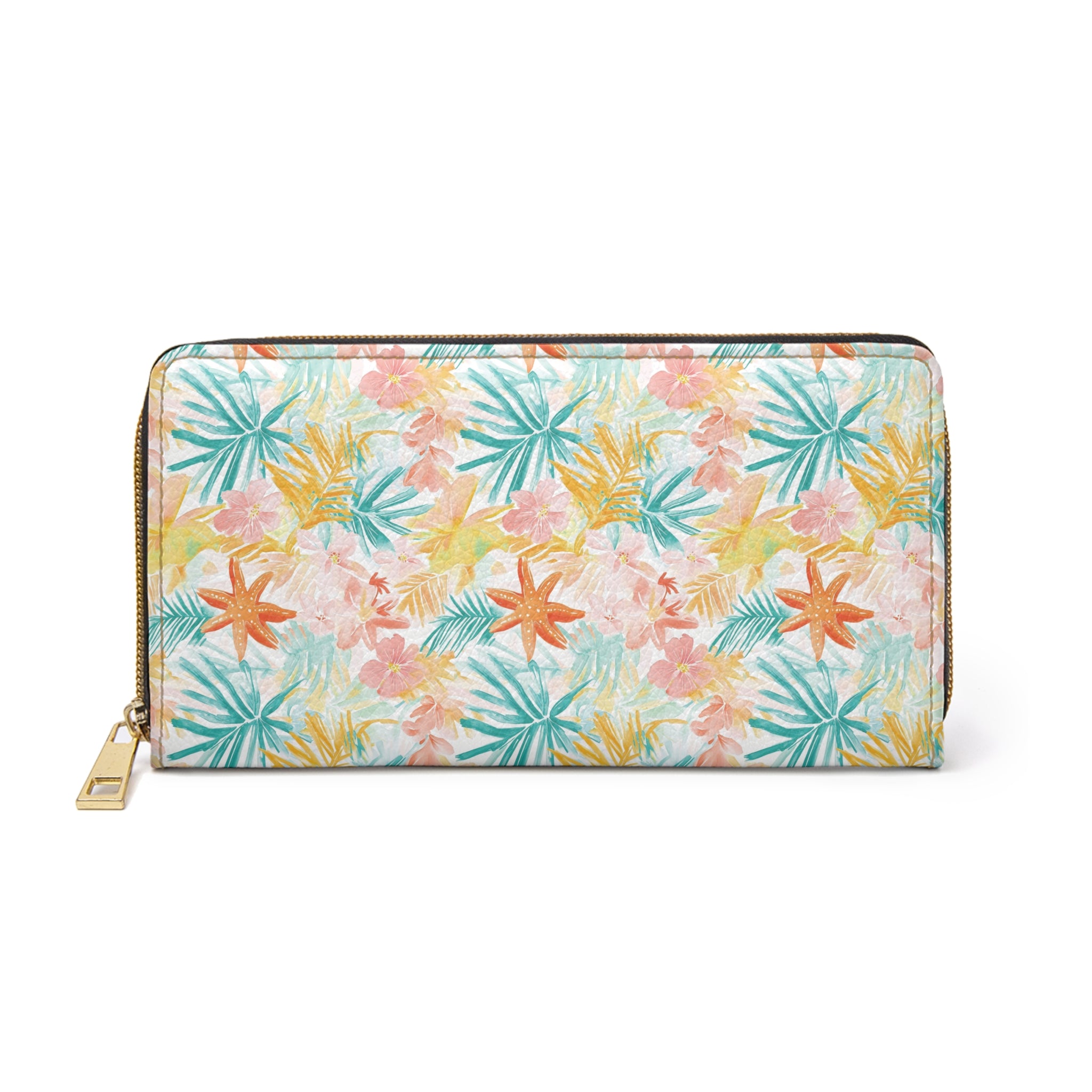 Tropical Starfish Vegan Leather Wallet, Zipper Wallet with Floral Design, Summer Accessory, Gift for Her, Travel Organizer, Stylish Coin Purse, Beach Vibes