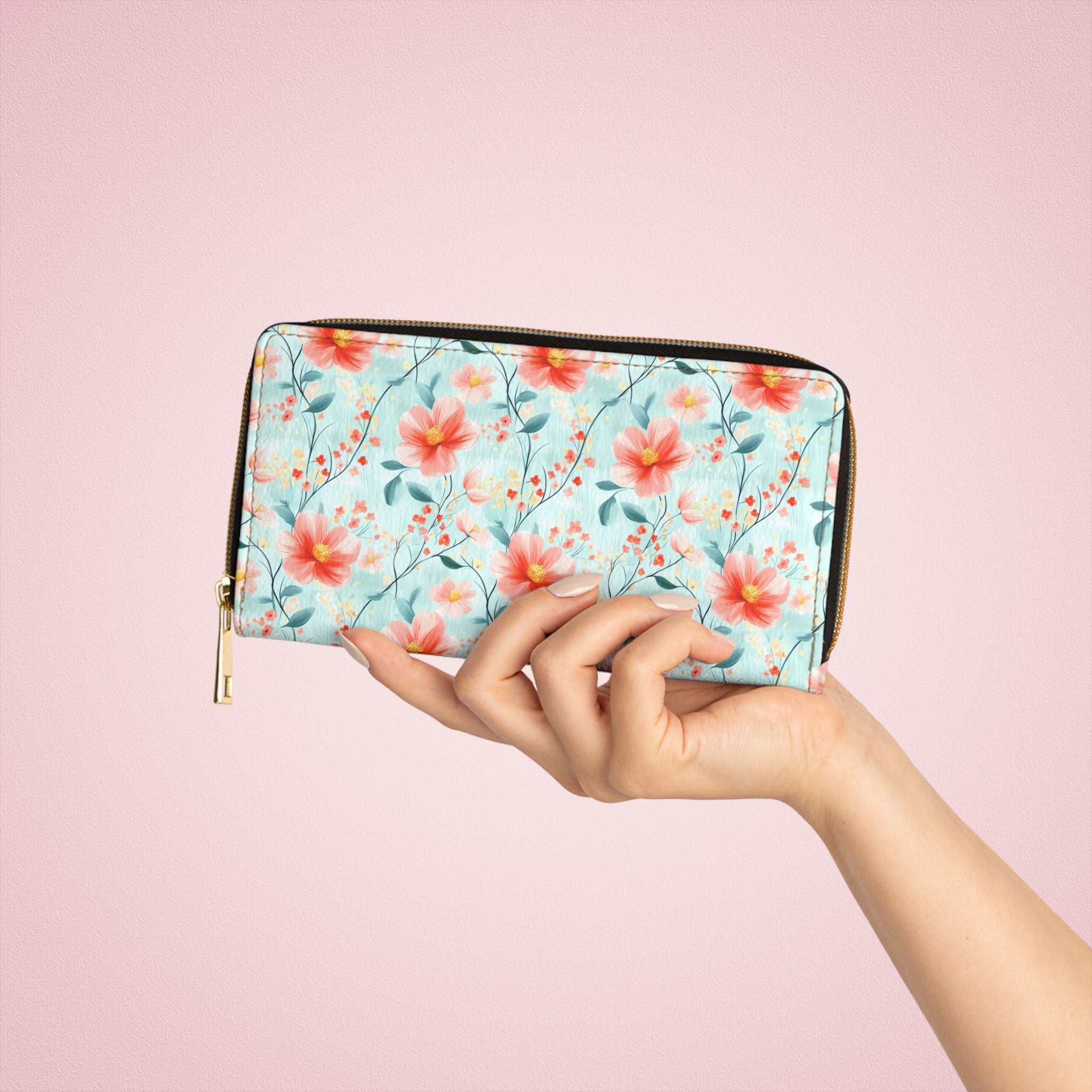 Teal Daisy Vegan Leather Wallet, Floral Zipper Wallet | Spring Accessory, Gift Idea for Her, Trendy Purse, Everyday Use, Elegant Floral Design