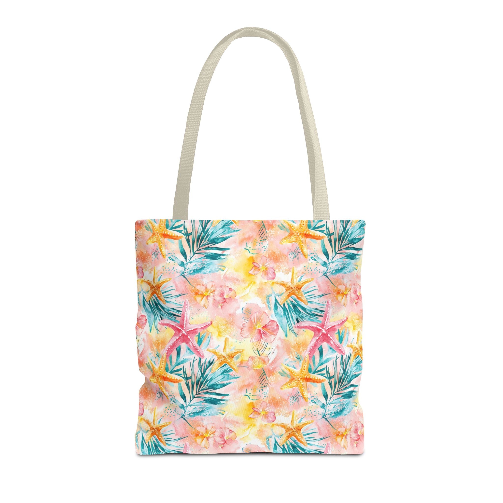 Pink tropical Starfish Tote Bag - Tropical Floral Print, Beach Essentials, Eco-Friendly, Gift for Her, Summer Vibes, Shopping Companion