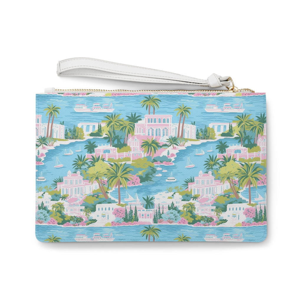 Greek Island Vegan Leather Clutch Bag - Beach Vibes, Summer Accessory, Gift for Her, Travel Pouch, Floral Cosmetic Case, Holiday Essential