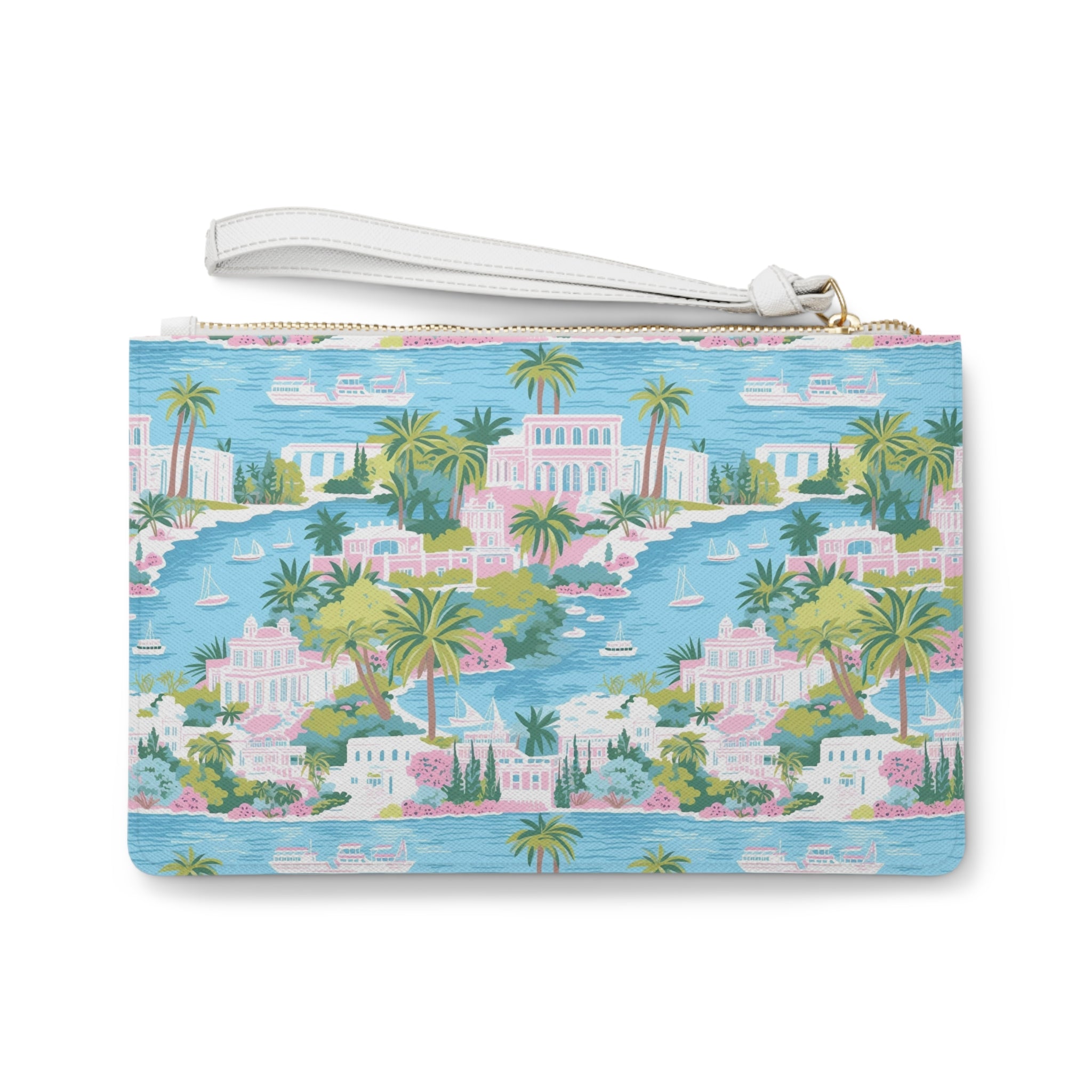 Greek Island Vegan Leather Clutch Bag - Beach Vibes, Summer Accessory, Gift for Her, Travel Pouch, Floral Cosmetic Case, Holiday Essential