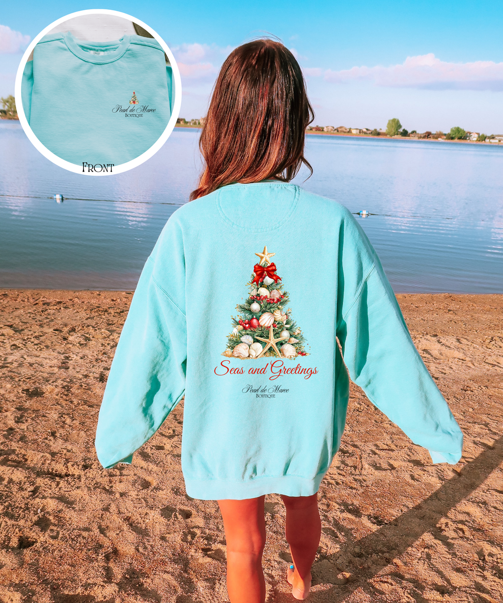Seas and Greetings Beach Christmas Tree , Christmas Crewneck, Tropical Christmas Sweater, Beach Christmas Sweater, Gift for her Winter top.
