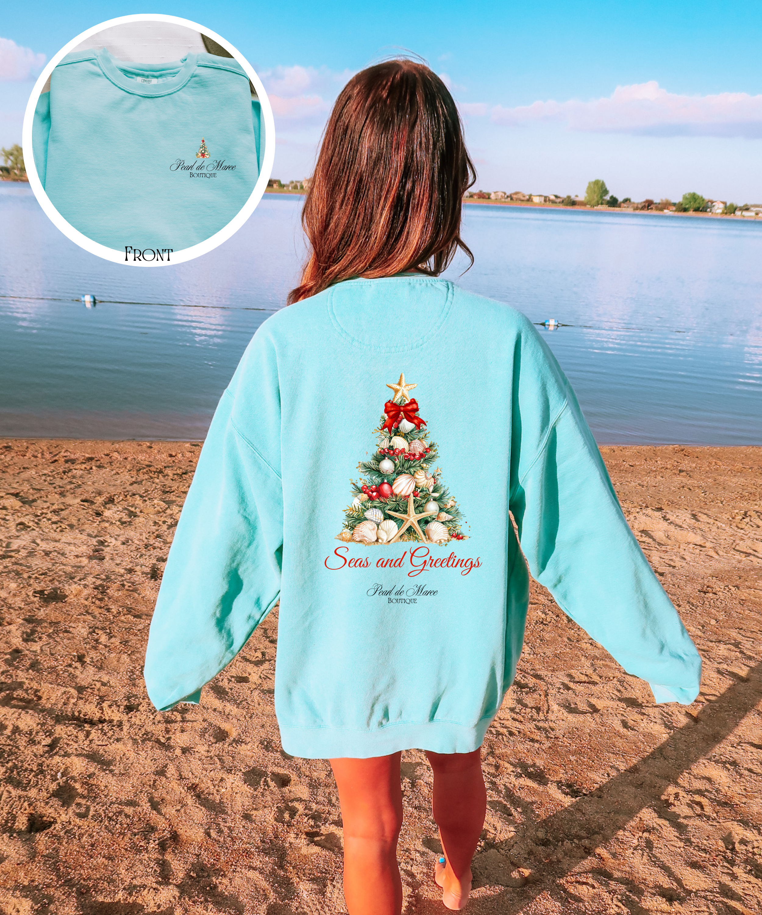 Seas and Greetings Beach Christmas Tree , Christmas Crewneck, Tropical Christmas Sweater, Beach Christmas Sweater, Gift for her Winter top.