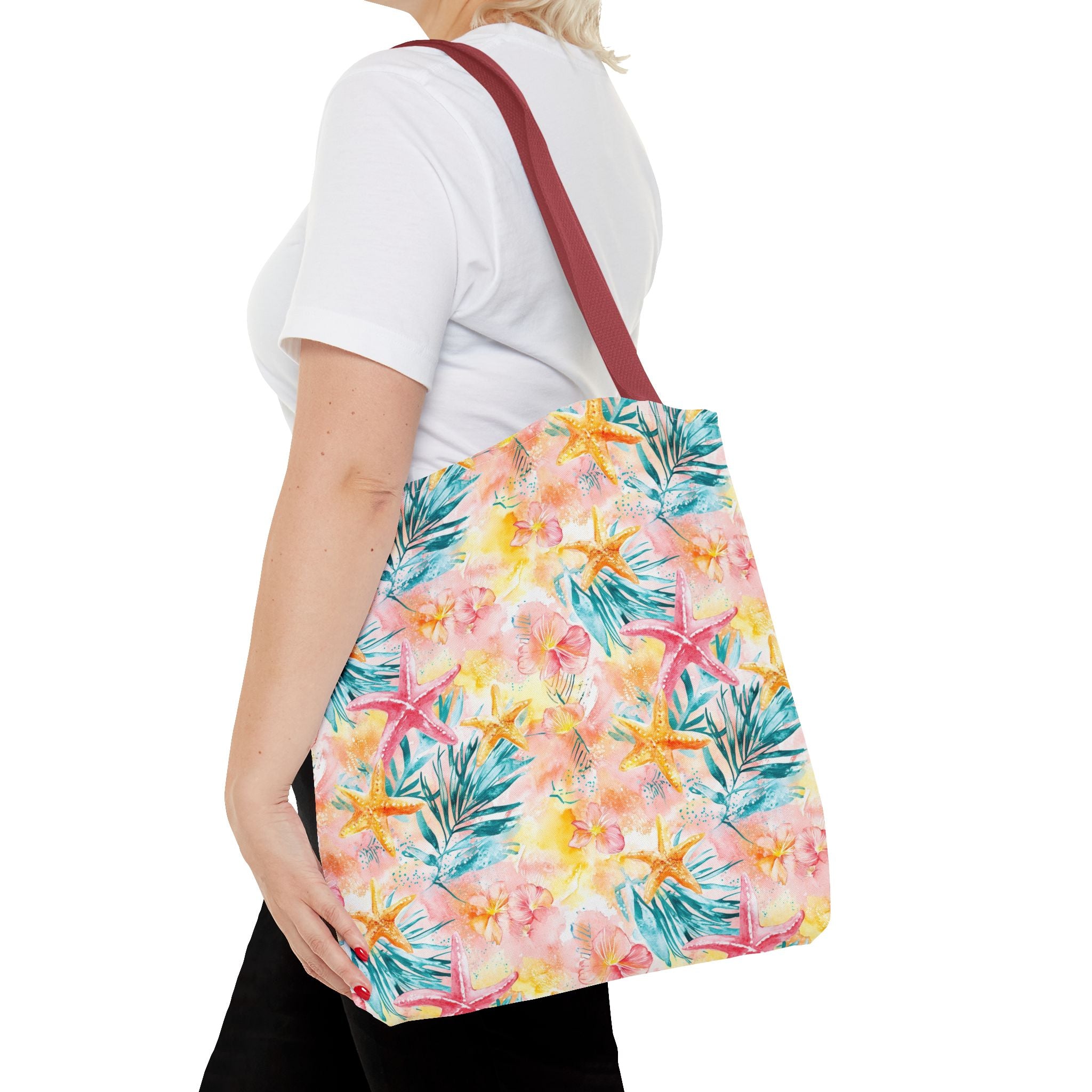 Pink tropical Starfish Tote Bag - Tropical Floral Print, Beach Essentials, Eco-Friendly, Gift for Her, Summer Vibes, Shopping Companion